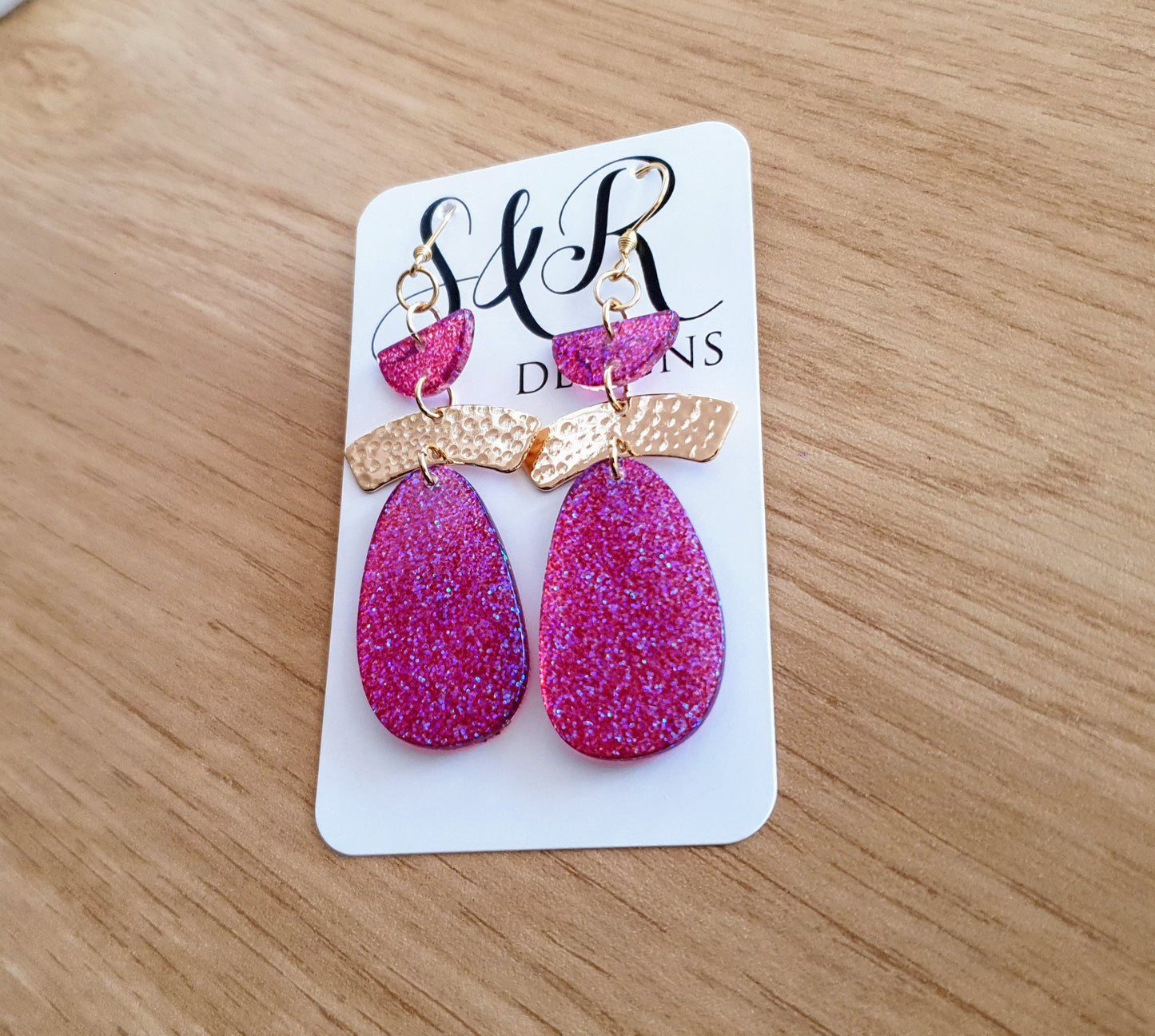 Purple Gold Hammered Organic Oval Drop Earwire Earrings, Purple Holographic Glitter, Resin Handmade, Stainless Steel. Earrings Lover Gift