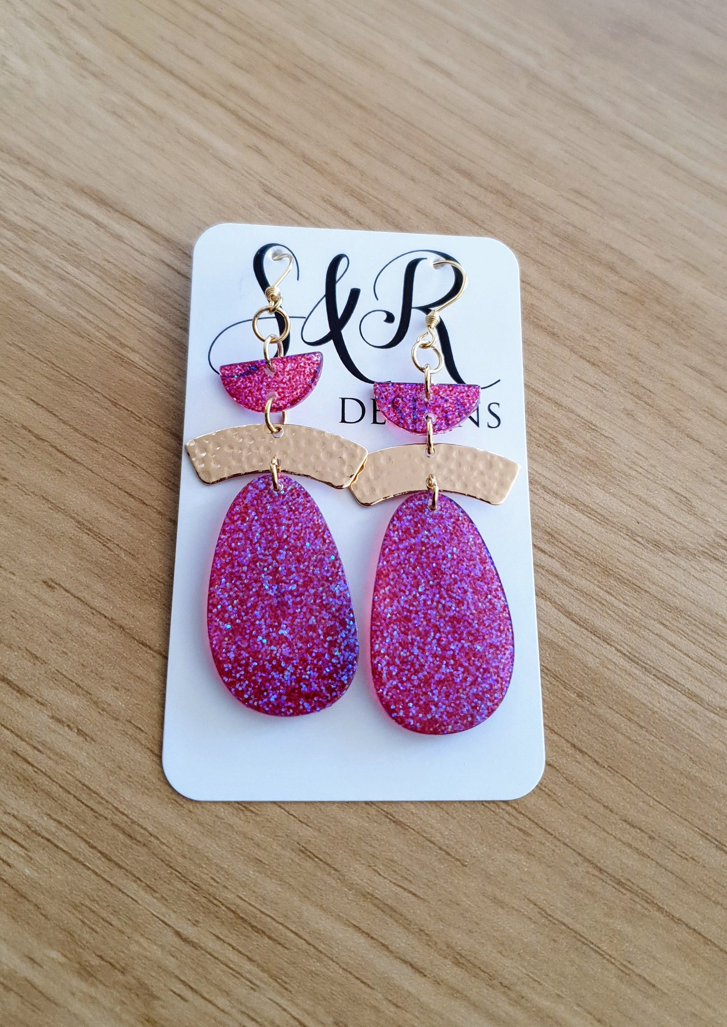 Purple Gold Hammered Organic Oval Drop Earwire Earrings, Purple Holographic Glitter, Resin Handmade, Stainless Steel. Earrings Lover Gift