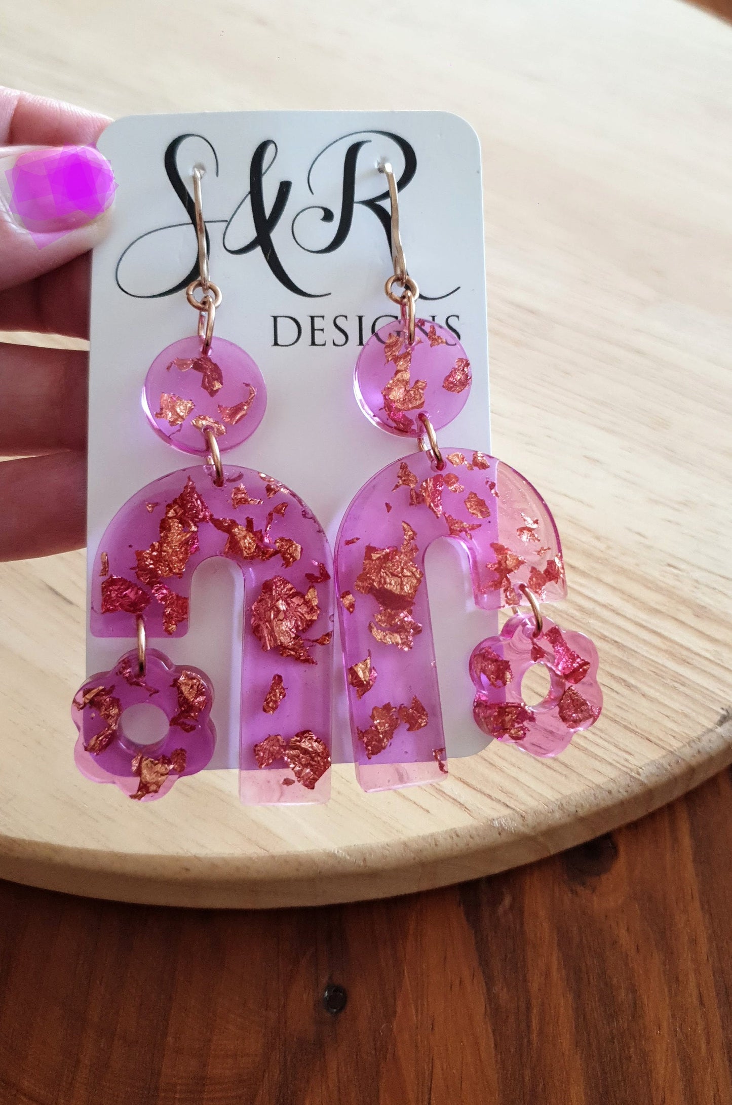 Lucid Pink Arch Dangles with Flower, Pink Resin and Rosegold Leaf, Pink Flower Charm, Statement Stainless Steel Earrings
