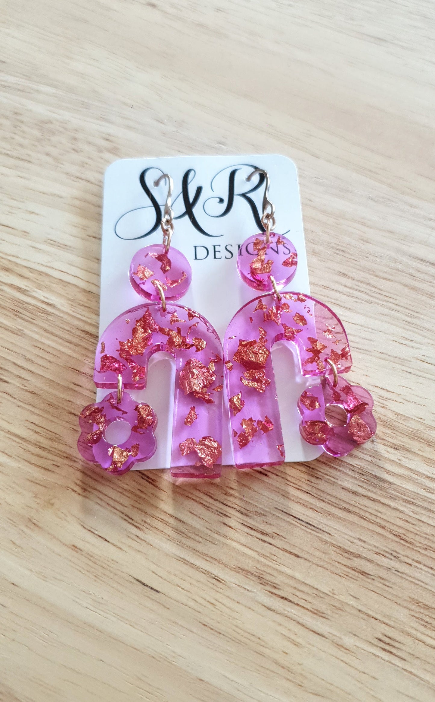 Lucid Pink Arch Dangles with Flower, Pink Resin and Rosegold Leaf, Pink Flower Charm, Statement Stainless Steel Earrings