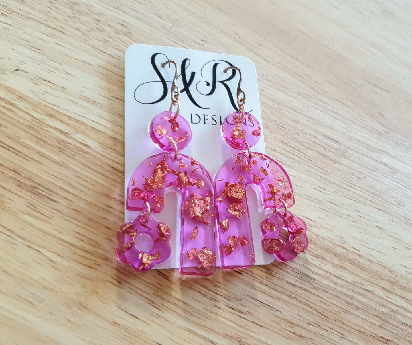 Lucid Pink Arch Dangles with Flower, Pink Resin and Rosegold Leaf, Pink Flower Charm, Statement Stainless Steel Earrings