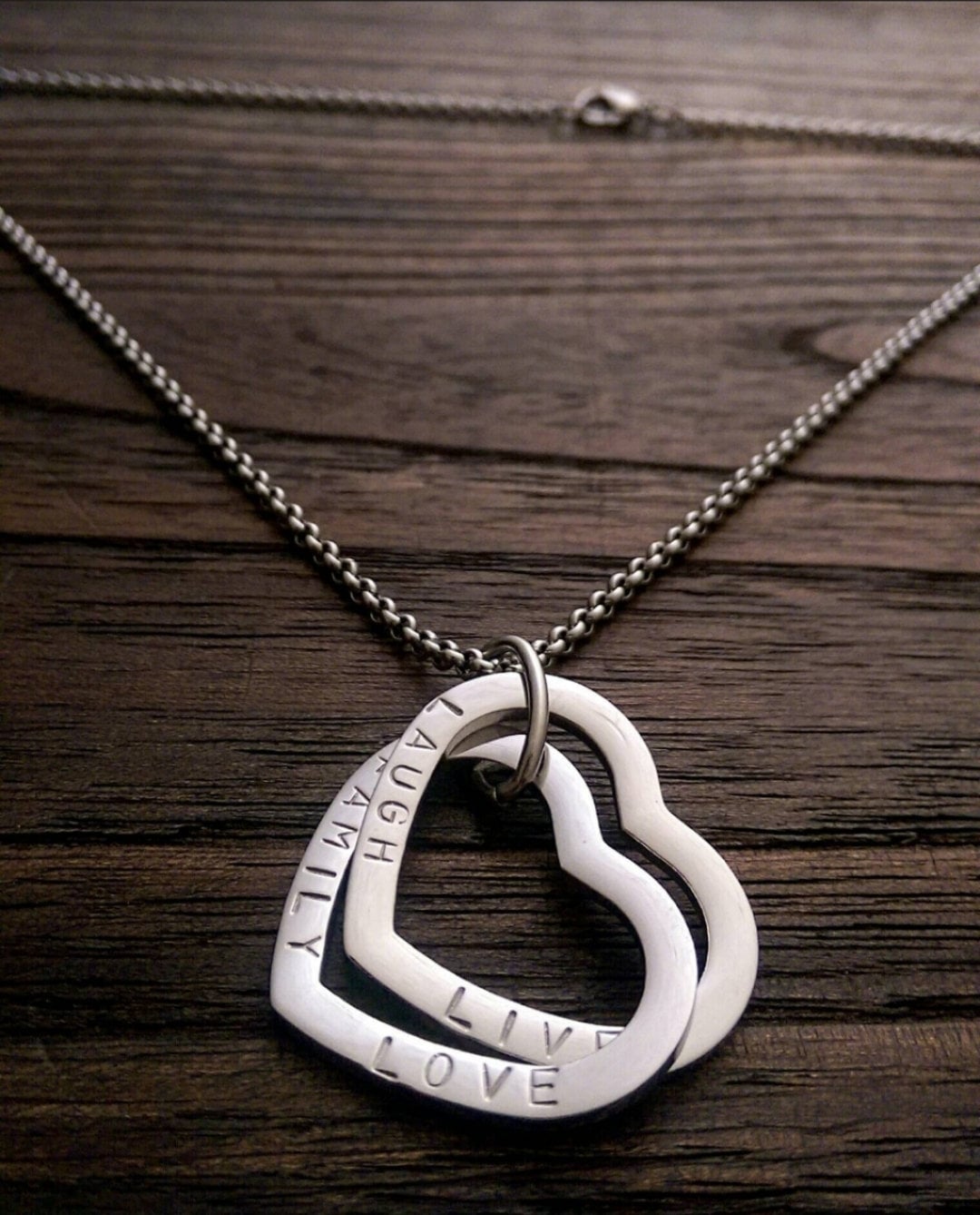 Personalised Heart Connecting Rings Necklace, Two Heart Links, Children names Personalized Hand Stamped Gift, Engagement, Girlfriend, Mother