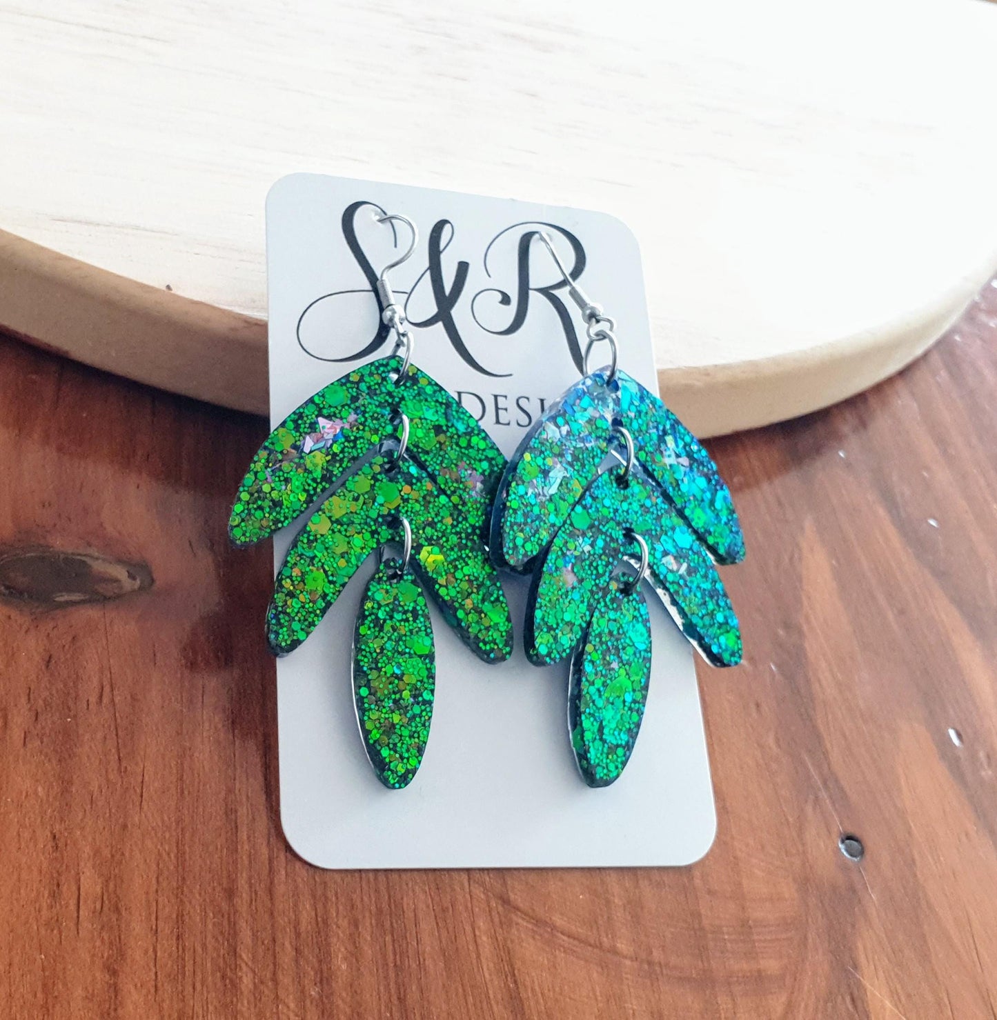Statement Leaves Long Drop Hook Earrings. Blue-green purple chameleon changing glitter resin dangles, Stunning Chandelier Earwire Dangles