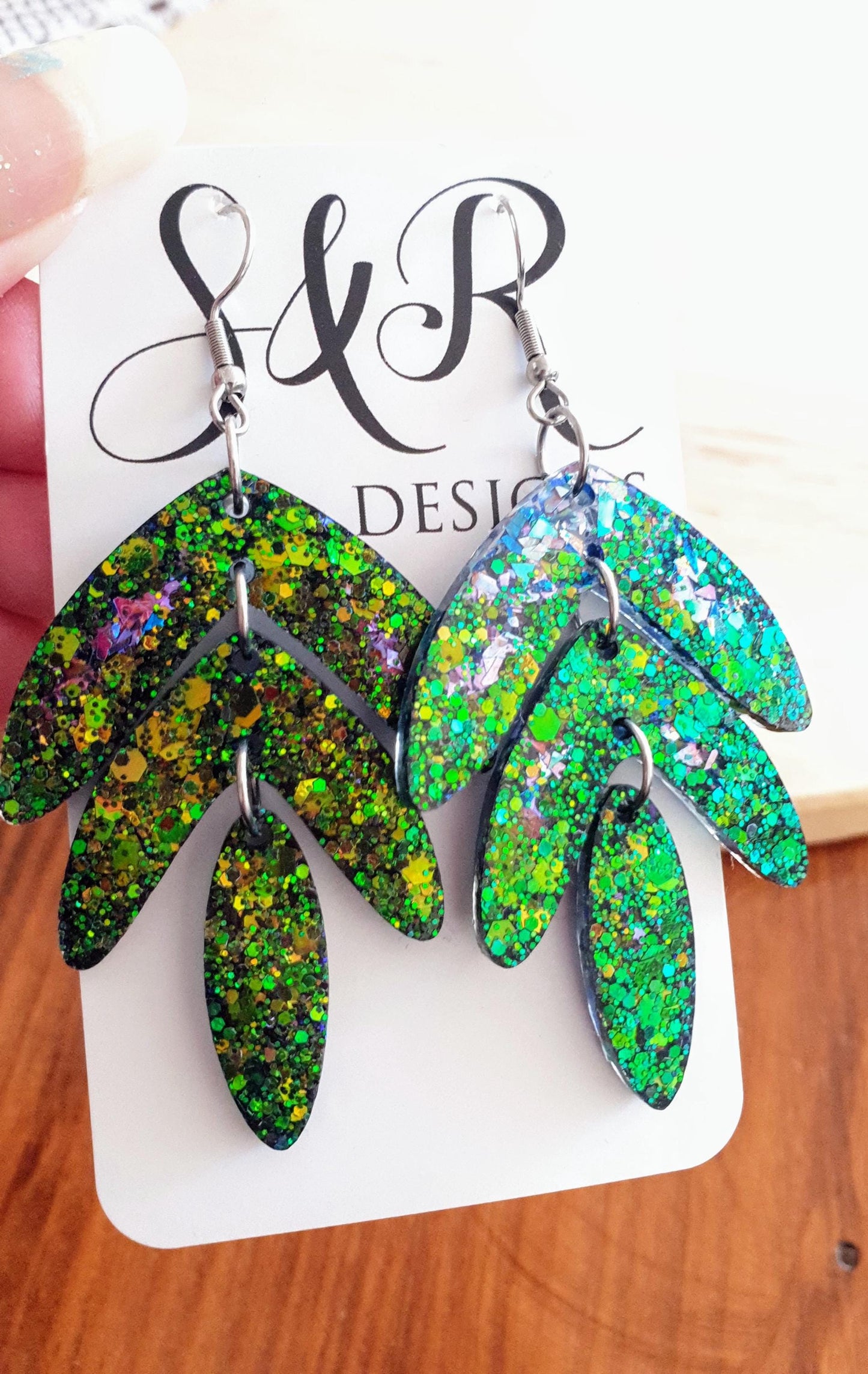 Statement Leaves Long Drop Hook Earrings. Blue-green purple chameleon changing glitter resin dangles, Stunning Chandelier Earwire Dangles