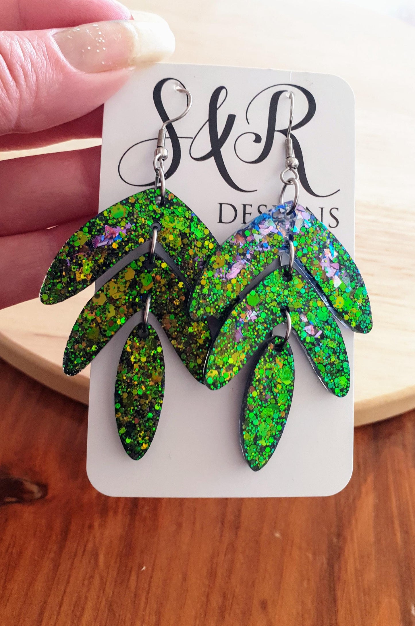 Statement Leaves Long Drop Hook Earrings. Blue-green purple chameleon changing glitter resin dangles, Stunning Chandelier Earwire Dangles