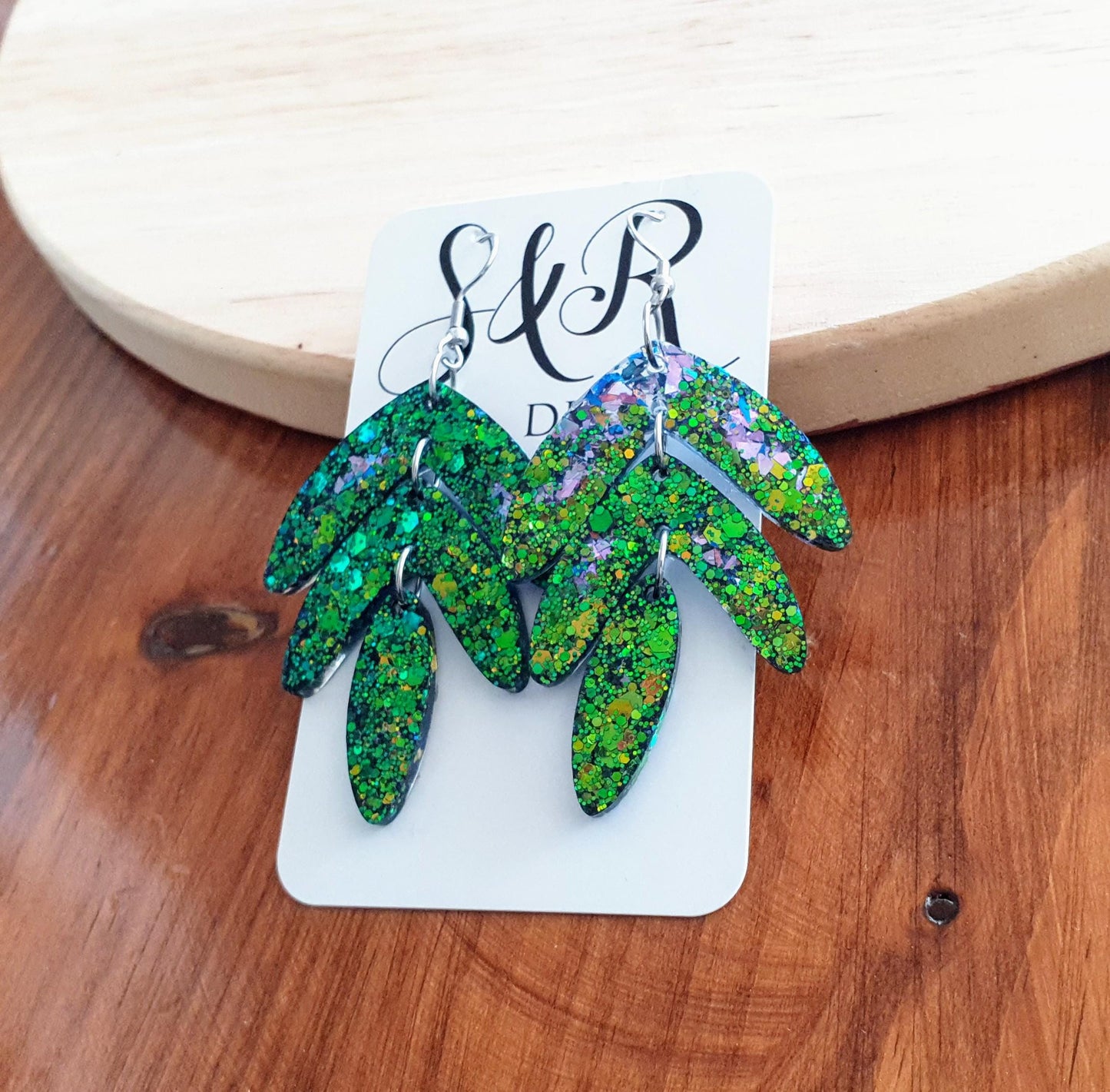 Statement Leaves Long Drop Hook Earrings. Blue-green purple chameleon changing glitter resin dangles, Stunning Chandelier Earwire Dangles