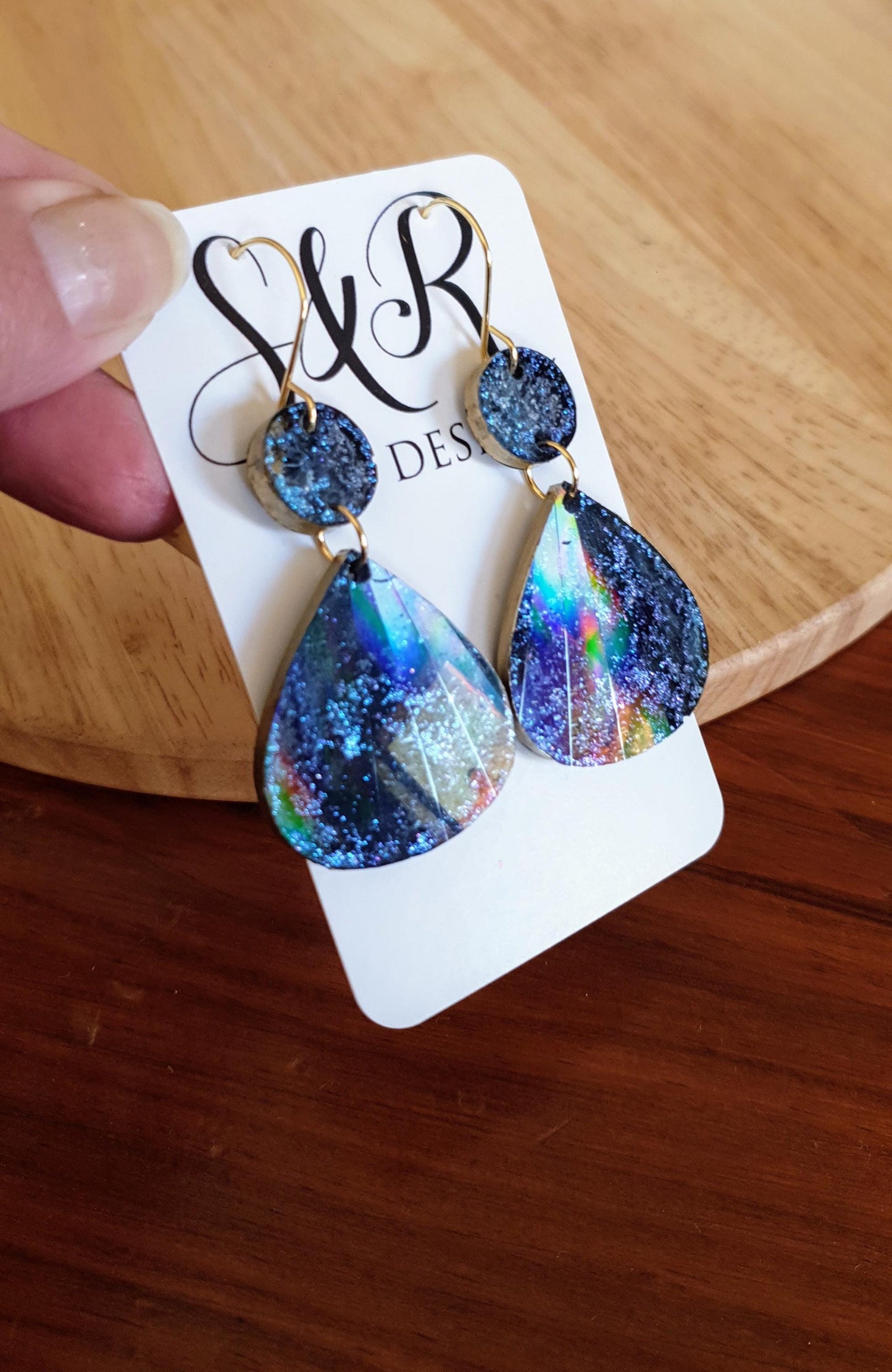 Blue Ink Holographic Teardrop Long Gold Hook Earrings, Purple, Resin Dangles, Stainless Steel Earrings, Statement Earrings