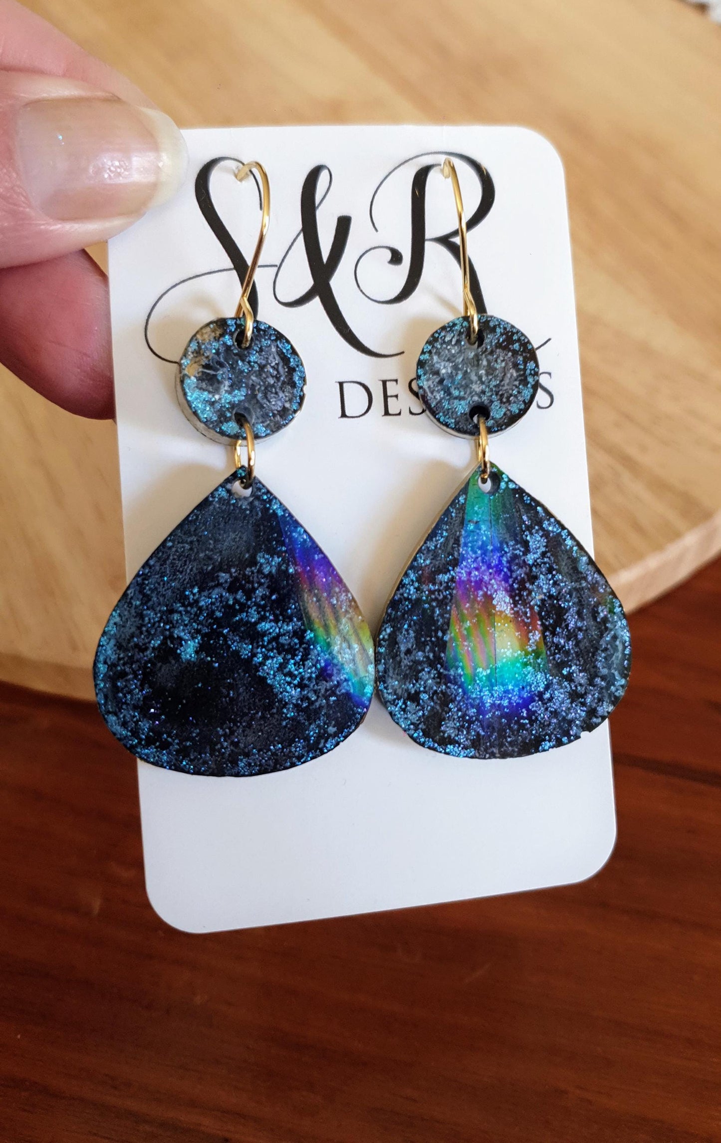 Blue Ink Holographic Teardrop Long Gold Hook Earrings, Purple, Resin Dangles, Stainless Steel Earrings, Statement Earrings
