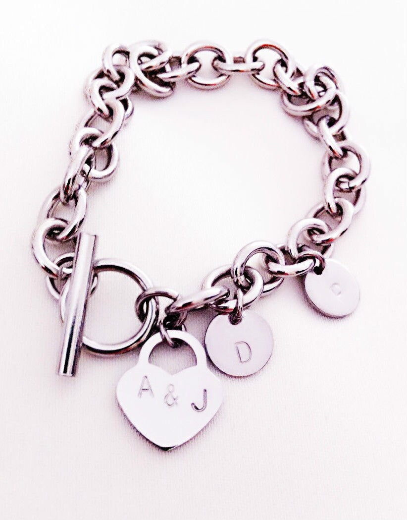 Popular Toggle Bracelet Personalised Heart Charm. Hand Stamped Family Initials