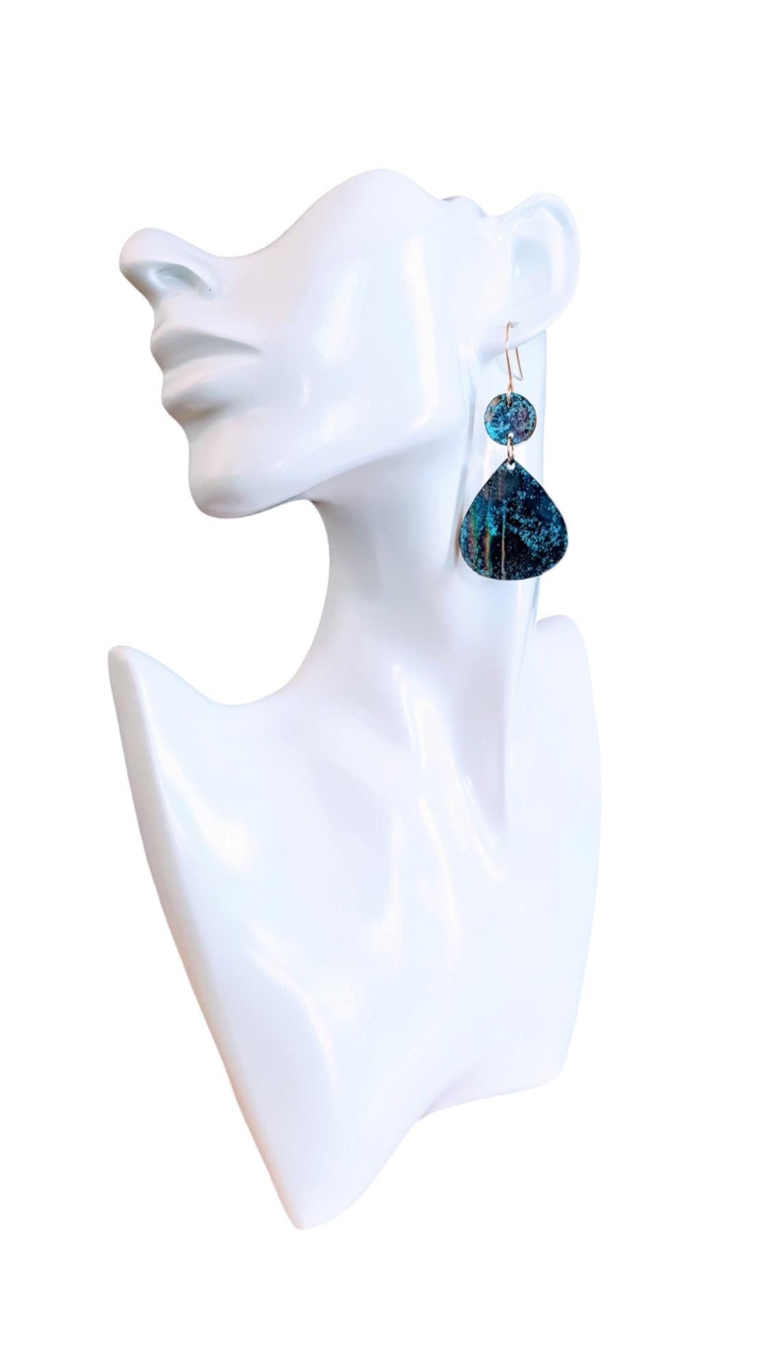 Blue Ink Holographic Teardrop Long Gold Hook Earrings, Purple, Resin Dangles, Stainless Steel Earrings, Statement Earrings