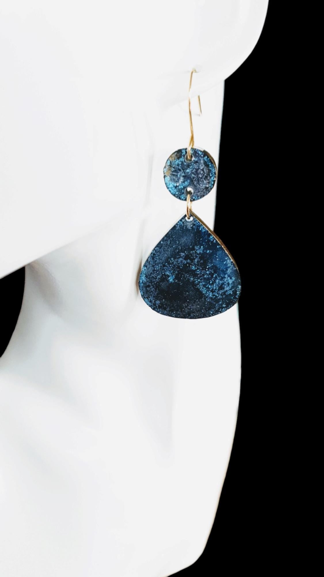 Blue Ink Holographic Teardrop Long Gold Hook Earrings, Purple, Resin Dangles, Stainless Steel Earrings, Statement Earrings