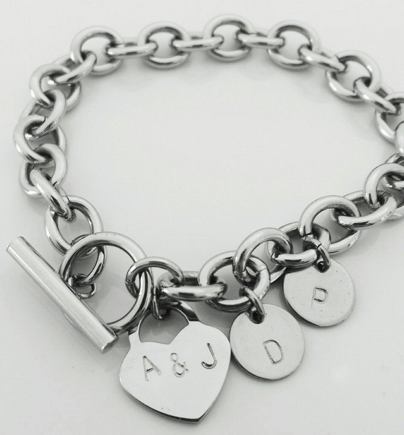 Popular Toggle Bracelet Personalised Heart Charm. Hand Stamped Family Initials