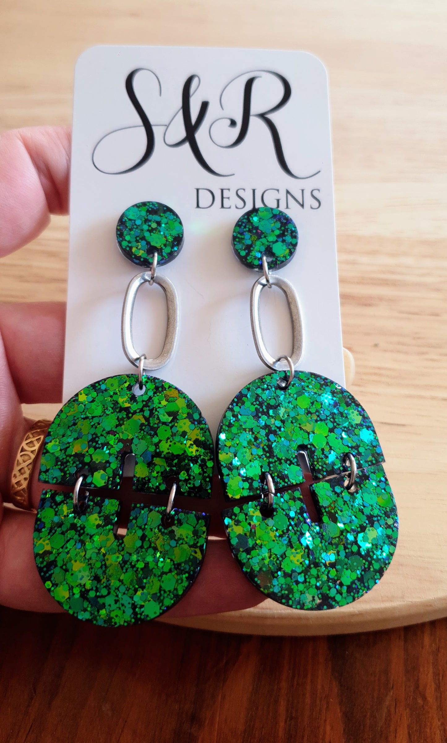 Statement Oval Arch Dangle Earrings, Chameleon Blue and Green Glitter Resin Dangles, Statement Handmade Earrings with Stainless Steel