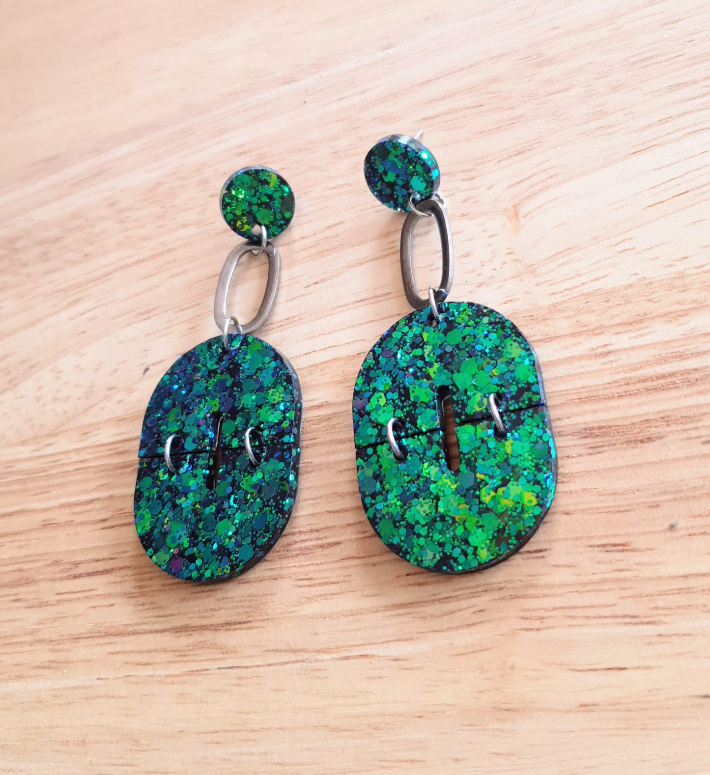 Statement Oval Arch Dangle Earrings, Chameleon Blue and Green Glitter Resin Dangles, Statement Handmade Earrings with Stainless Steel