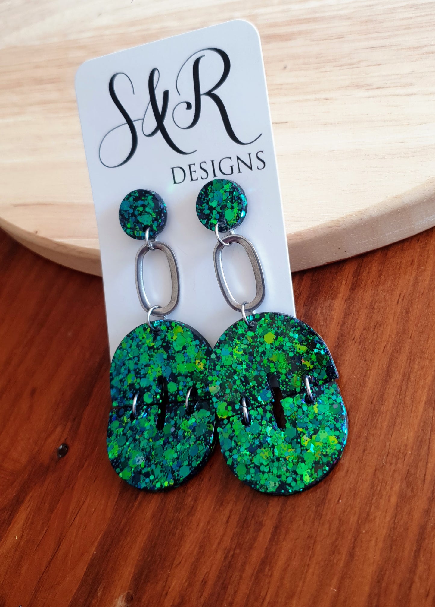 Statement Oval Arch Dangle Earrings, Chameleon Blue and Green Glitter Resin Dangles, Statement Handmade Earrings with Stainless Steel