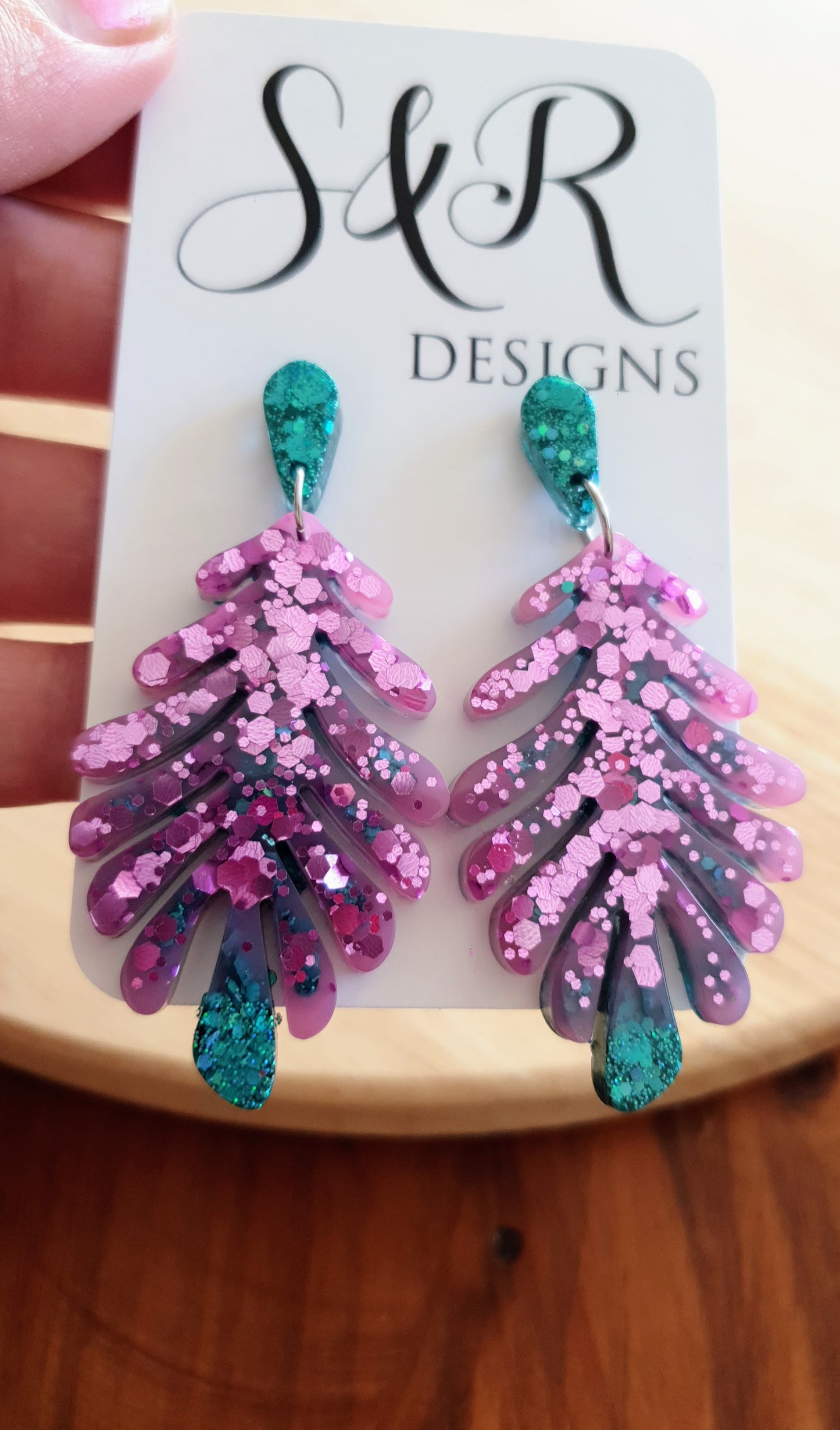 Statement Earrings, Pink Green Flower Leaves Dangle Drop Earrings, Handmade Glitter Resin Dangles, Stainless Steel