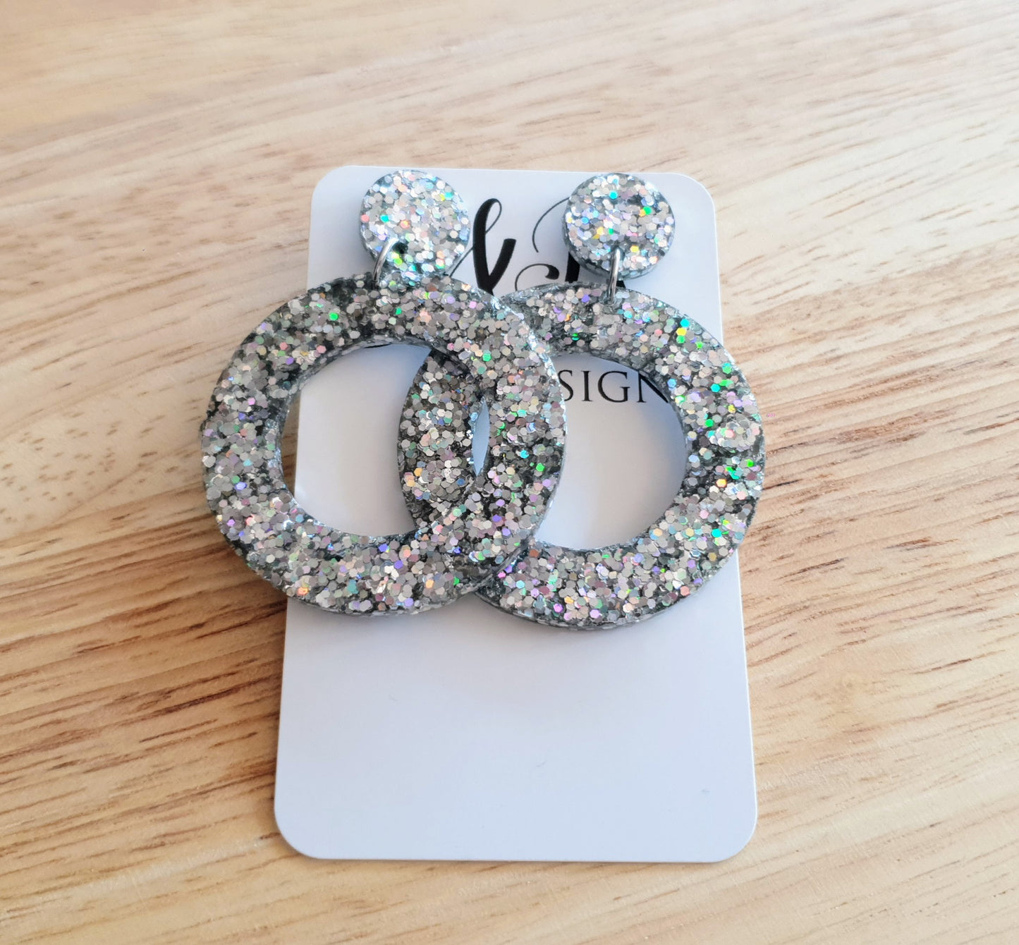 Silver Holographic Glitter Large Circle Earrings, Dangle Statement Earrings