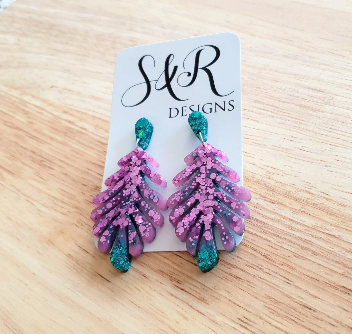 Statement Earrings, Pink Green Flower Leaves Dangle Drop Earrings, Handmade Glitter Resin Dangles, Stainless Steel