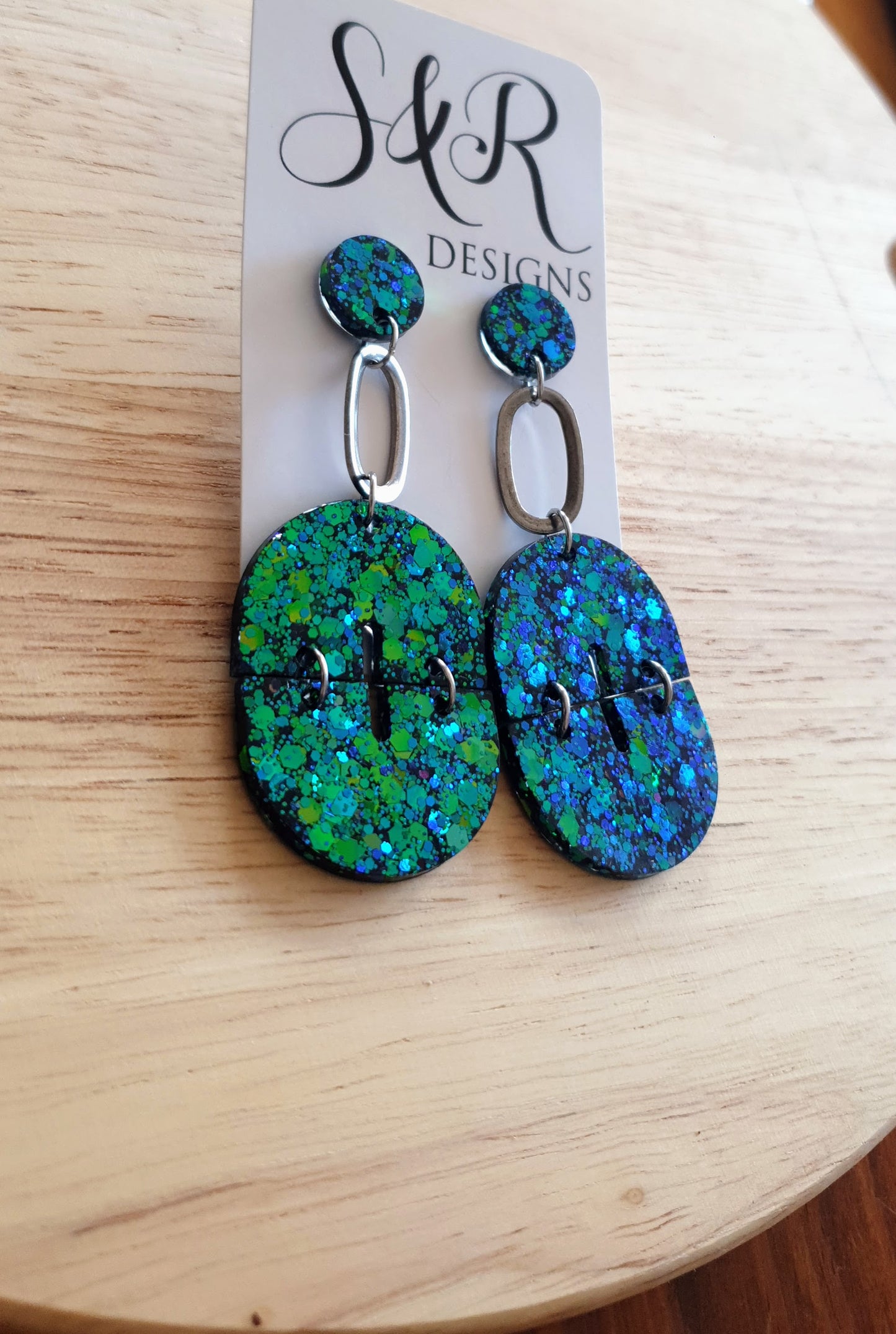 Statement Oval Arch Dangle Earrings, Chameleon Blue and Green Glitter Resin Dangles, Statement Handmade Earrings with Stainless Steel