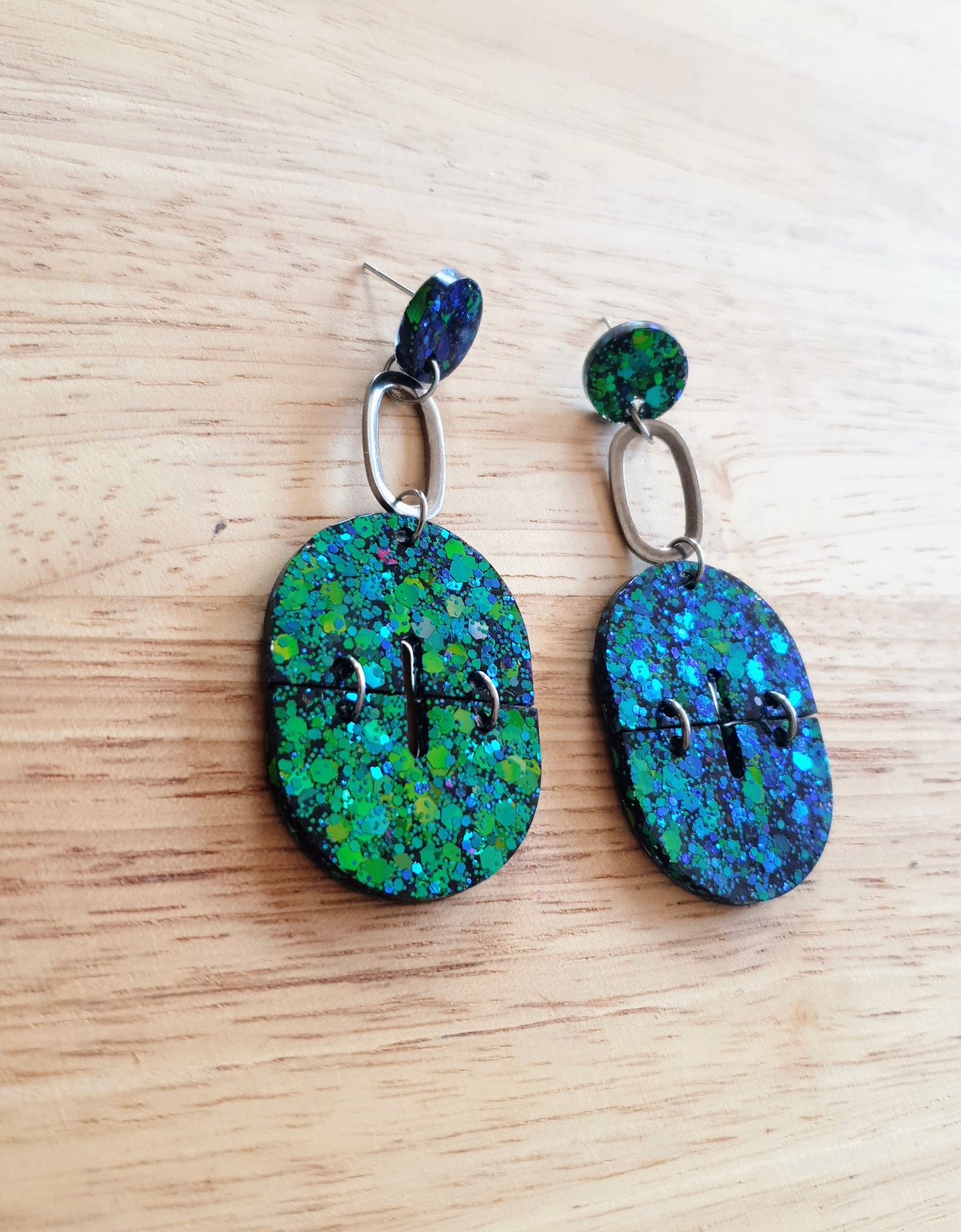 Statement Oval Arch Dangle Earrings, Chameleon Blue and Green Glitter Resin Dangles, Statement Handmade Earrings with Stainless Steel