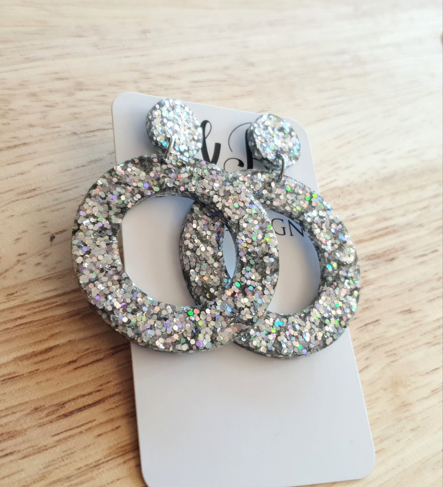 Silver Holographic Glitter Large Circle Earrings, Dangle Statement Earrings
