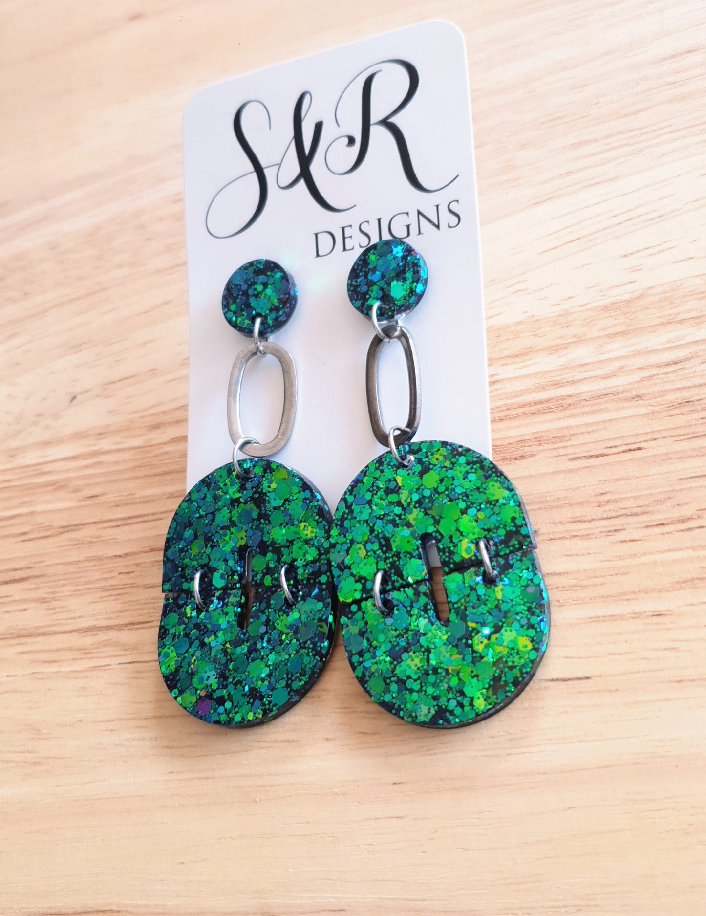 Statement Oval Arch Dangle Earrings, Chameleon Blue and Green Glitter Resin Dangles, Statement Handmade Earrings with Stainless Steel