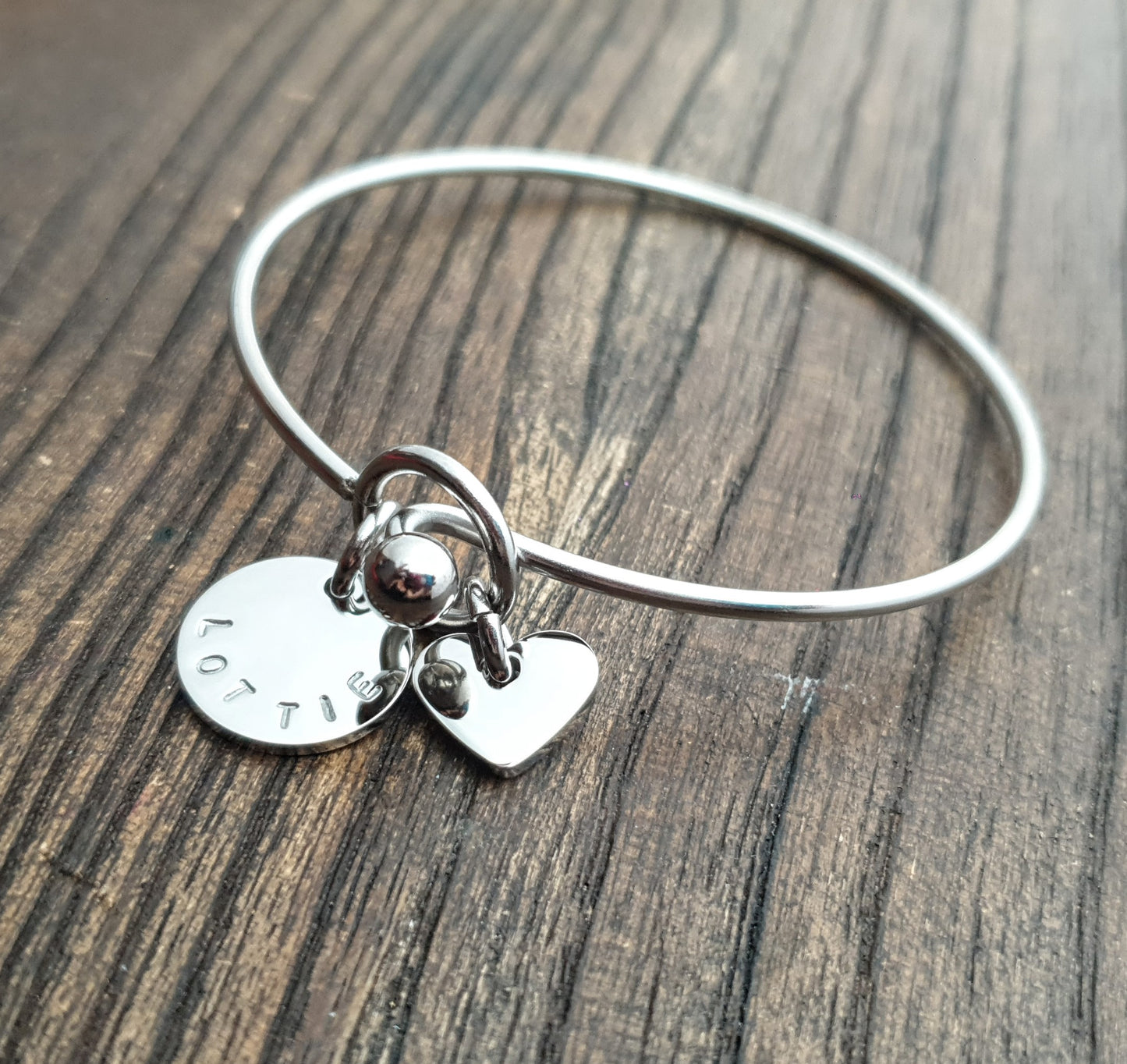 Personalised Hand Stamped Bangle with or without Heart Charm, Personalised Disc