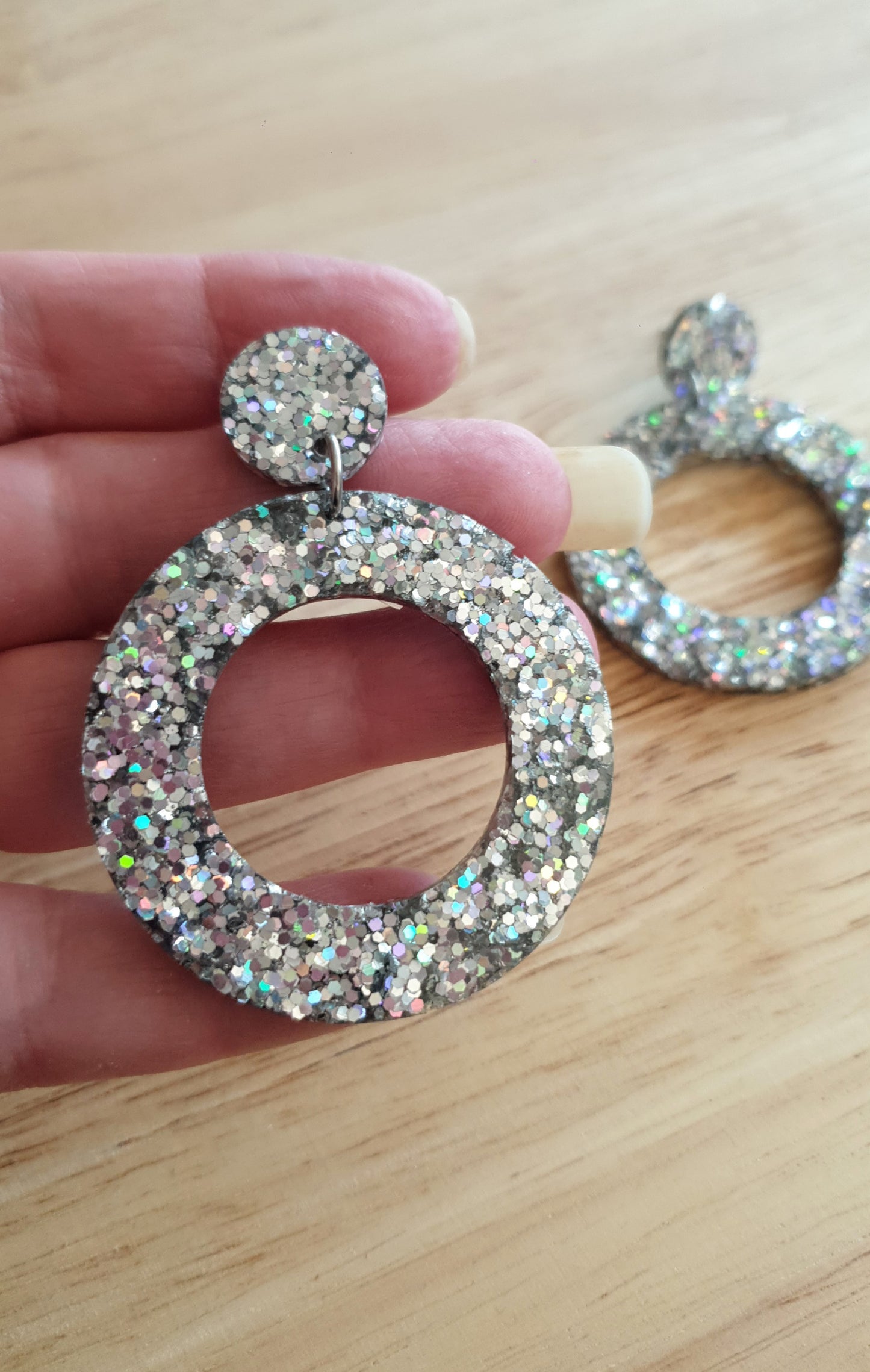Silver Holographic Glitter Large Circle Earrings, Dangle Statement Earrings