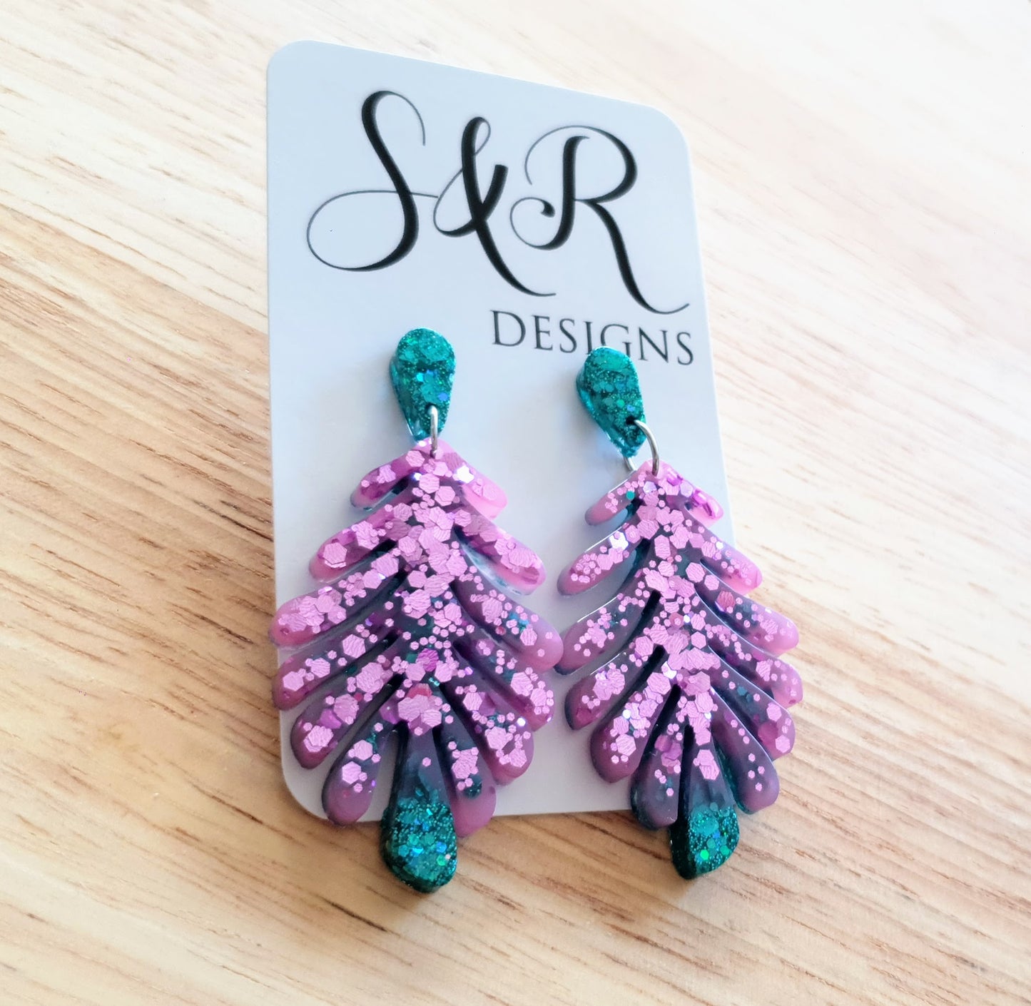 Statement Earrings, Pink Green Flower Leaves Dangle Drop Earrings, Handmade Glitter Resin Dangles, Stainless Steel