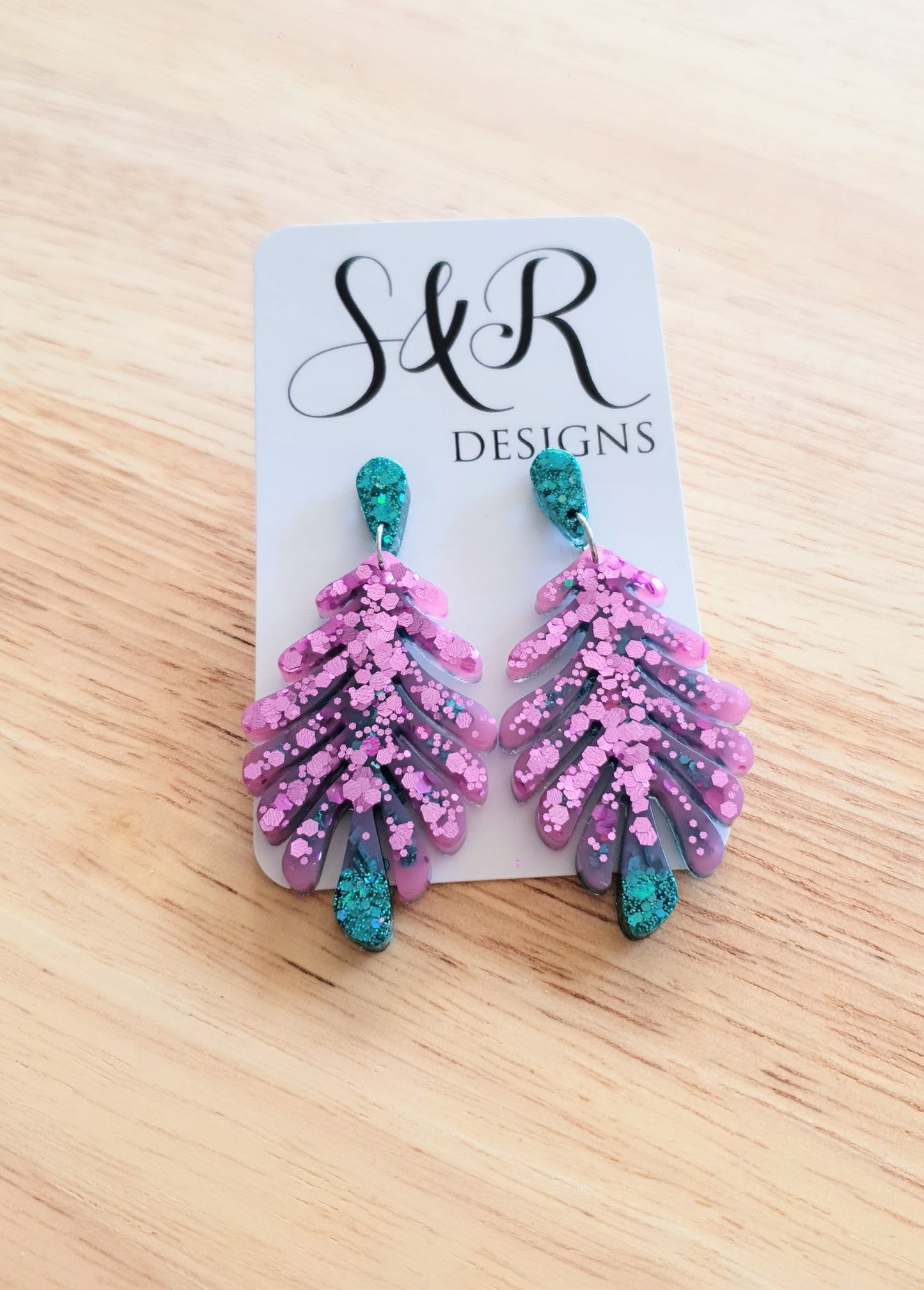 Statement Earrings, Pink Green Flower Leaves Dangle Drop Earrings, Handmade Glitter Resin Dangles, Stainless Steel