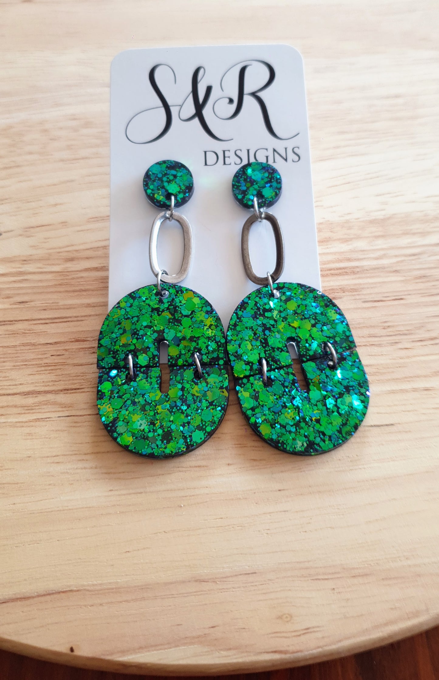 Statement Oval Arch Dangle Earrings, Chameleon Blue and Green Glitter Resin Dangles, Statement Handmade Earrings with Stainless Steel