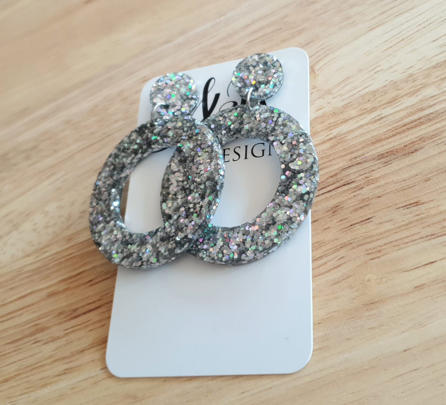 Silver Holographic Glitter Large Circle Earrings, Dangle Statement Earrings