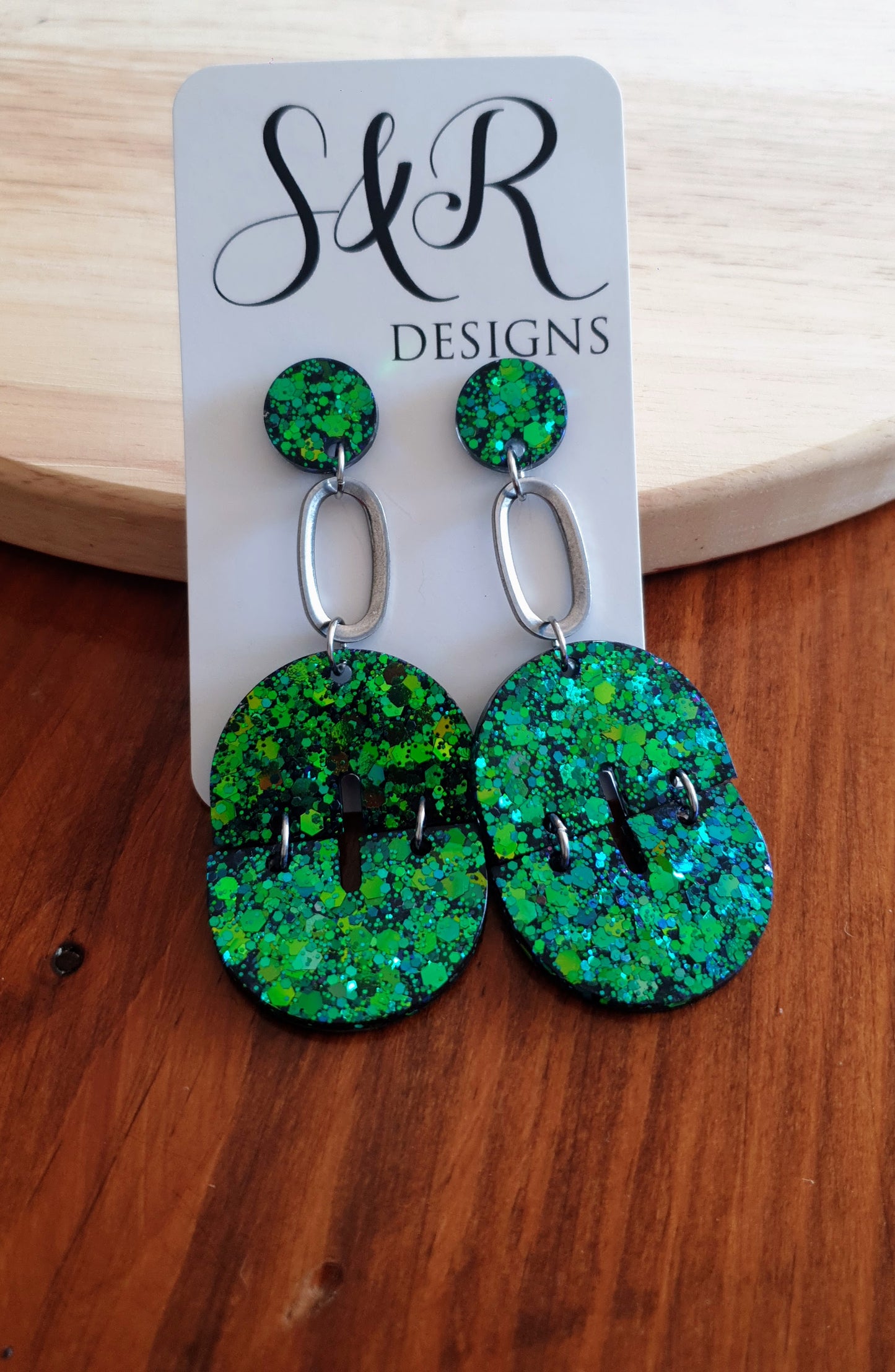 Statement Oval Arch Dangle Earrings, Chameleon Blue and Green Glitter Resin Dangles, Statement Handmade Earrings with Stainless Steel