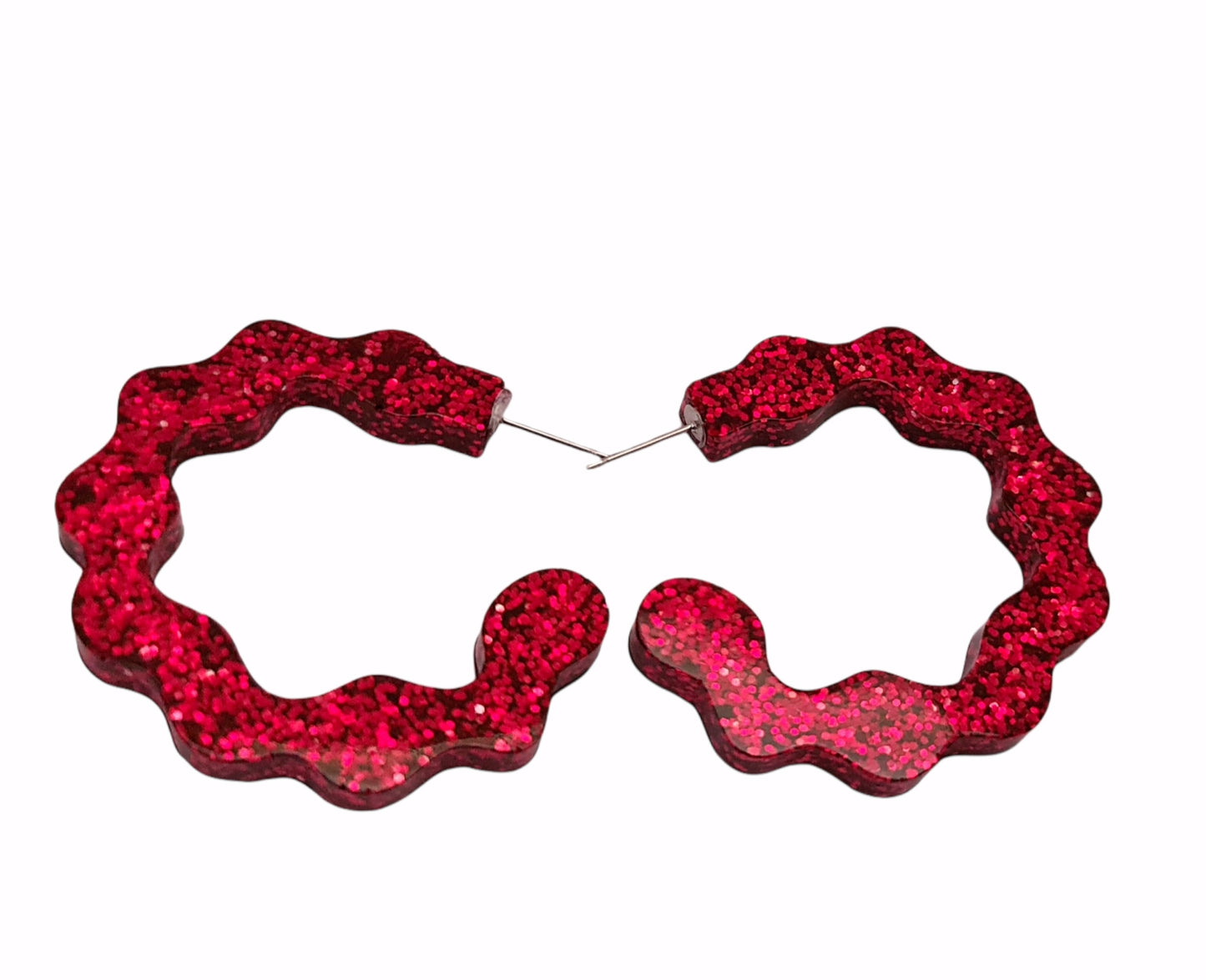 Large Wave Hoops Stud Earrings, Red Glitter, Resin Dangle Statement Earrings, Unique Design, Modern, Lightweight