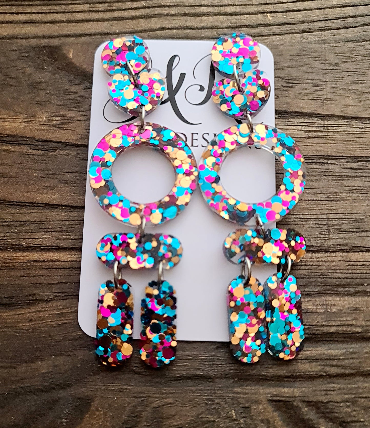 Long Circle Heart Tube Glitter Earrings, Dangle Statement Earrings 10cm long, Teal, Rose Gold, Hot Pink Mix Earrings