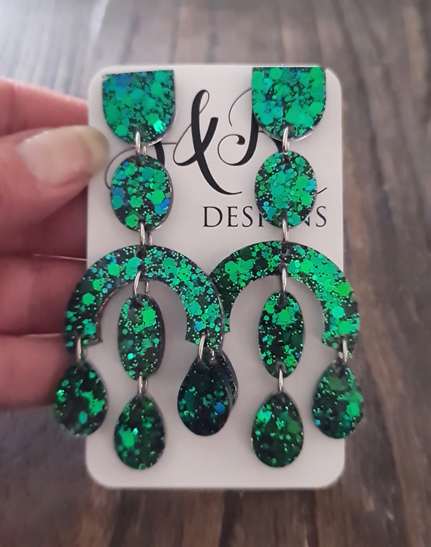Large Oversized Green Blue Glitter Chandelier Dangle Earrings, Deep Ocean Green Chameleon Glitter Dangles, Statement Long Earrings