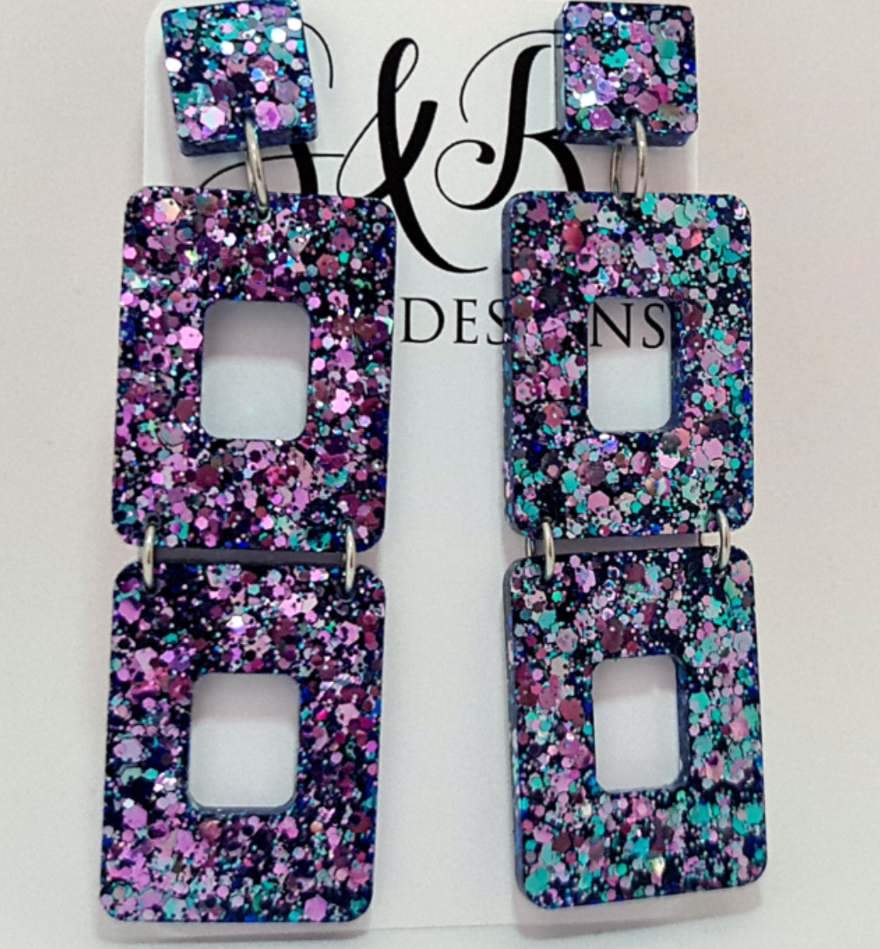 Long Square Earrings, Long Resin Dangles, Pink, Blue Chameleon Chunky Glitter Earrings, Changes colours from Pink to Blue as they move