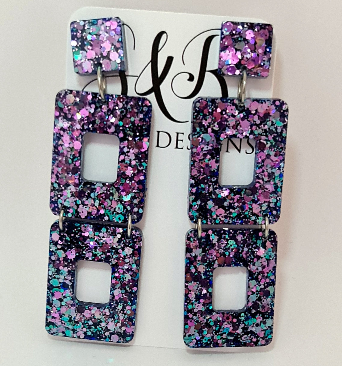 Long Square Earrings, Long Resin Dangles, Pink, Blue Chameleon Chunky Glitter Earrings, Changes colours from Pink to Blue as they move