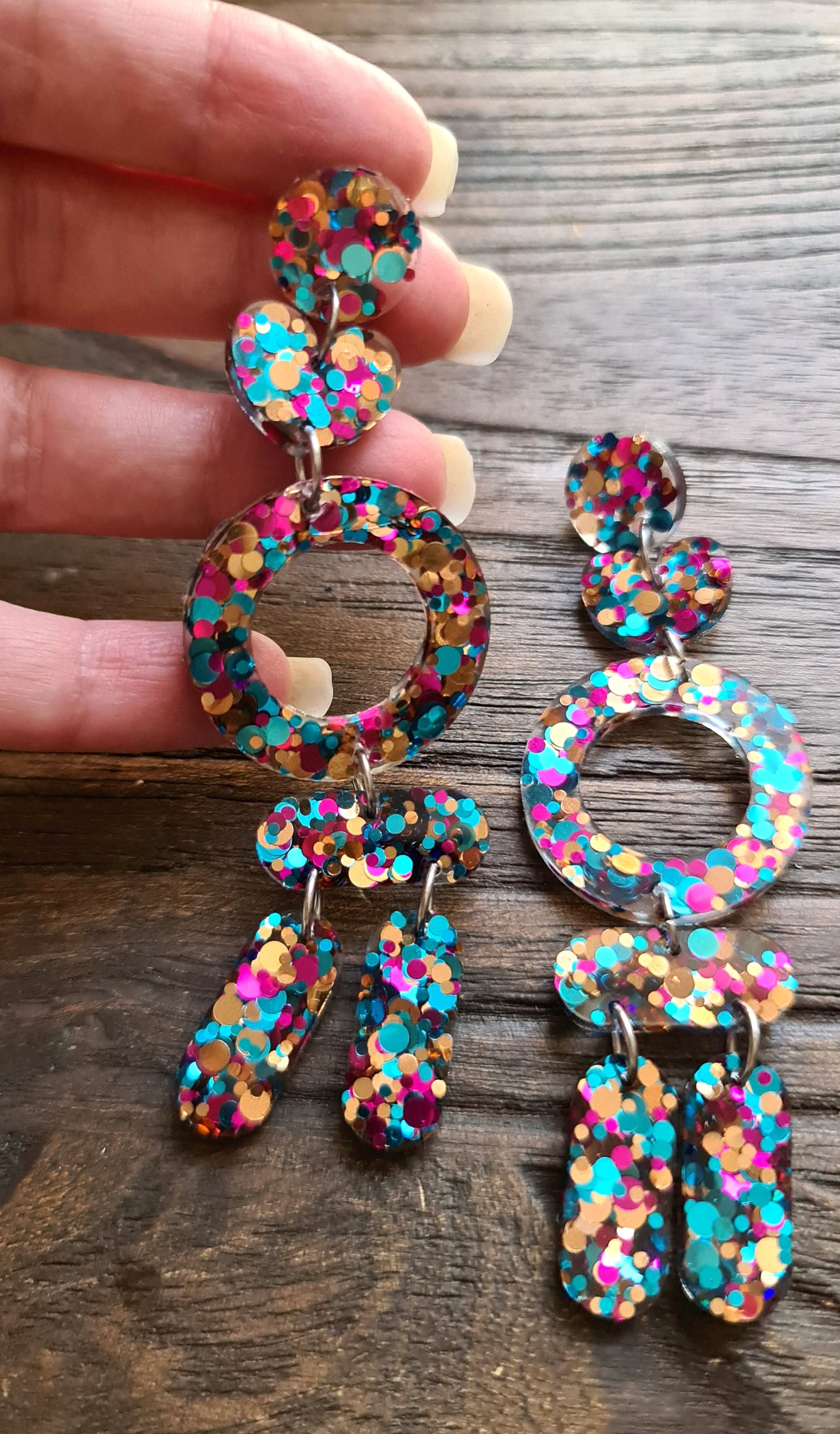 Long Circle Heart Tube Glitter Earrings, Dangle Statement Earrings 10cm long, Teal, Rose Gold, Hot Pink Mix Earrings