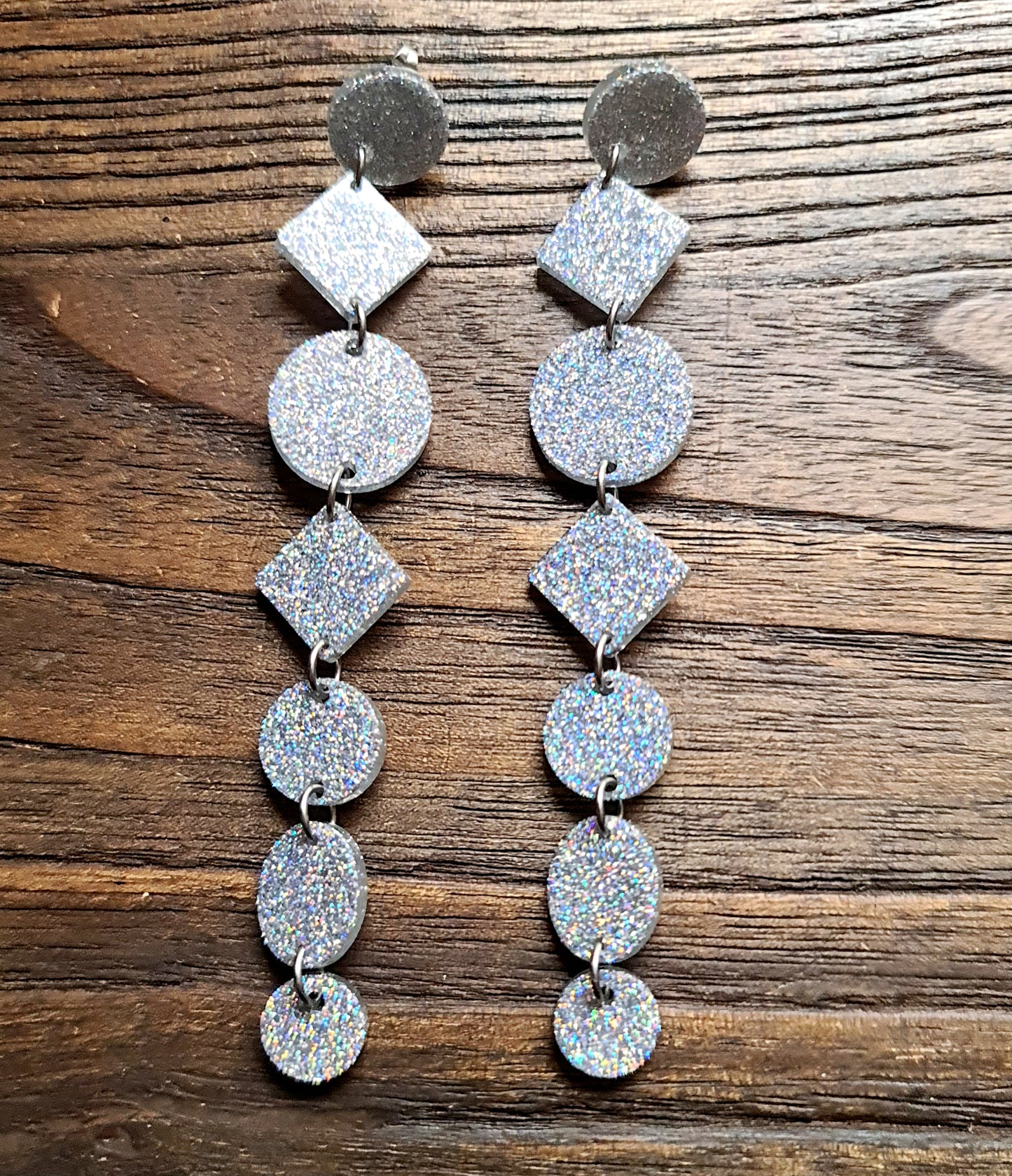 Silver Holographic Glitter Extra Super Long Circle Diamond Dangle Statement Earrings 12.5cm long