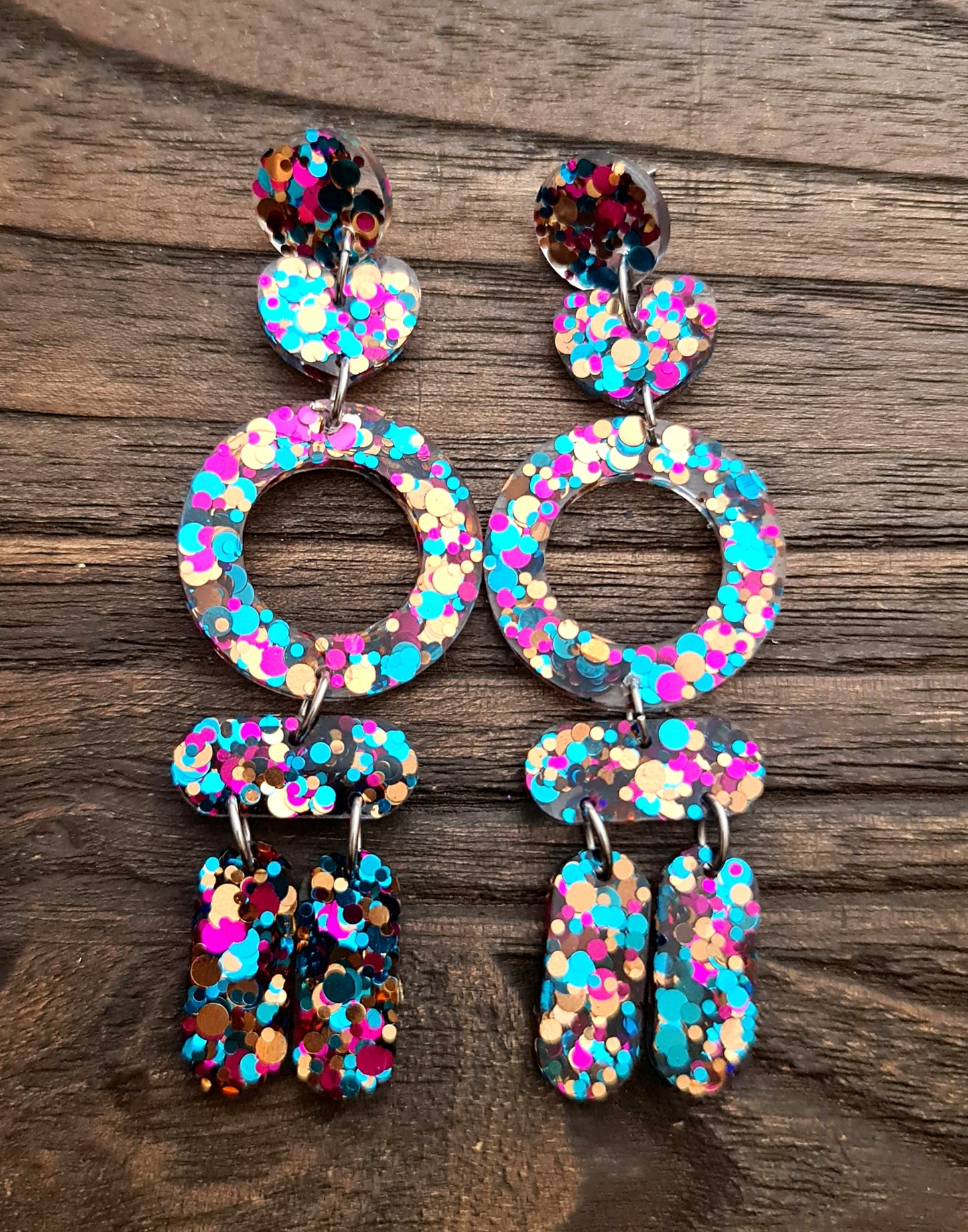 Long Circle Heart Tube Glitter Earrings, Dangle Statement Earrings 10cm long, Teal, Rose Gold, Hot Pink Mix Earrings