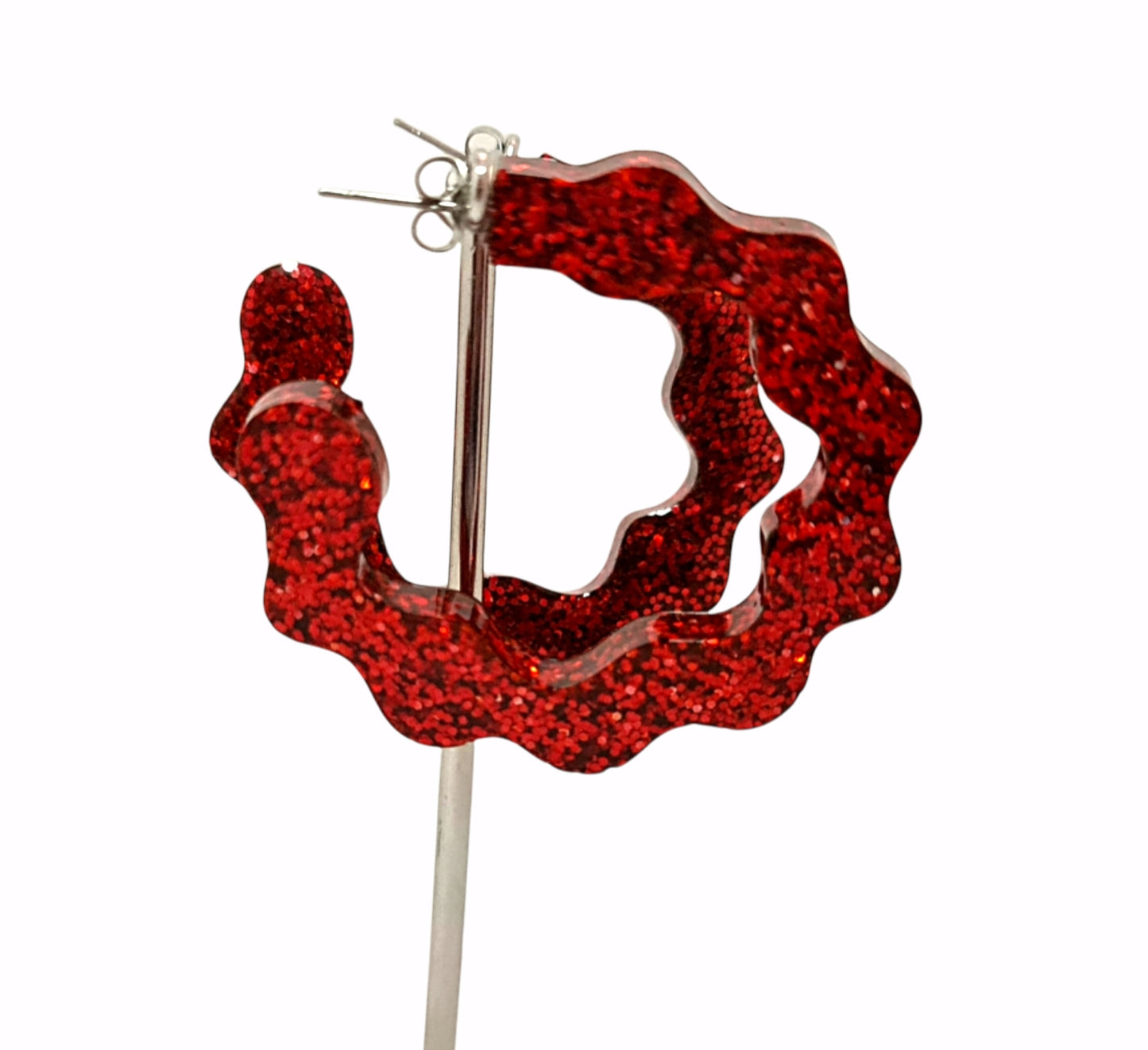 Large Wave Hoops Stud Earrings, Red Glitter, Resin Dangle Statement Earrings, Unique Design, Modern, Lightweight