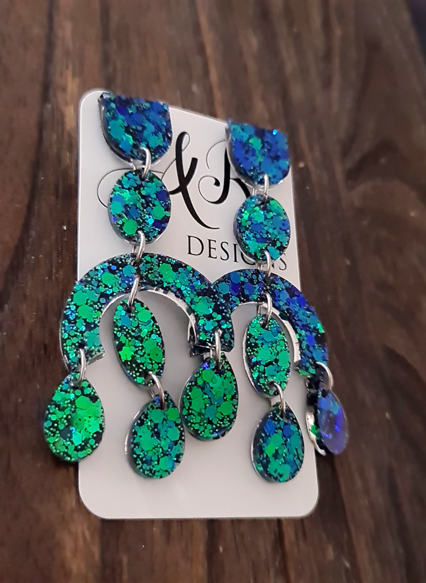 Large Oversized Green Blue Glitter Chandelier Dangle Earrings, Deep Ocean Green Chameleon Glitter Dangles, Statement Long Earrings