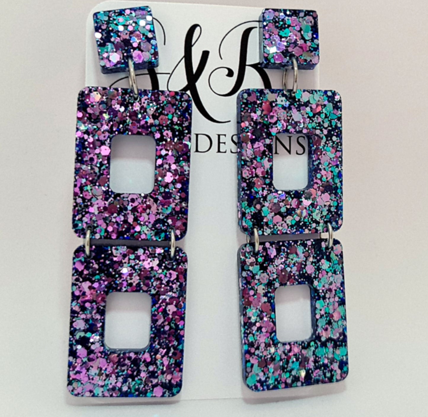 Long Square Earrings, Long Resin Dangles, Pink, Blue Chameleon Chunky Glitter Earrings, Changes colours from Pink to Blue as they move