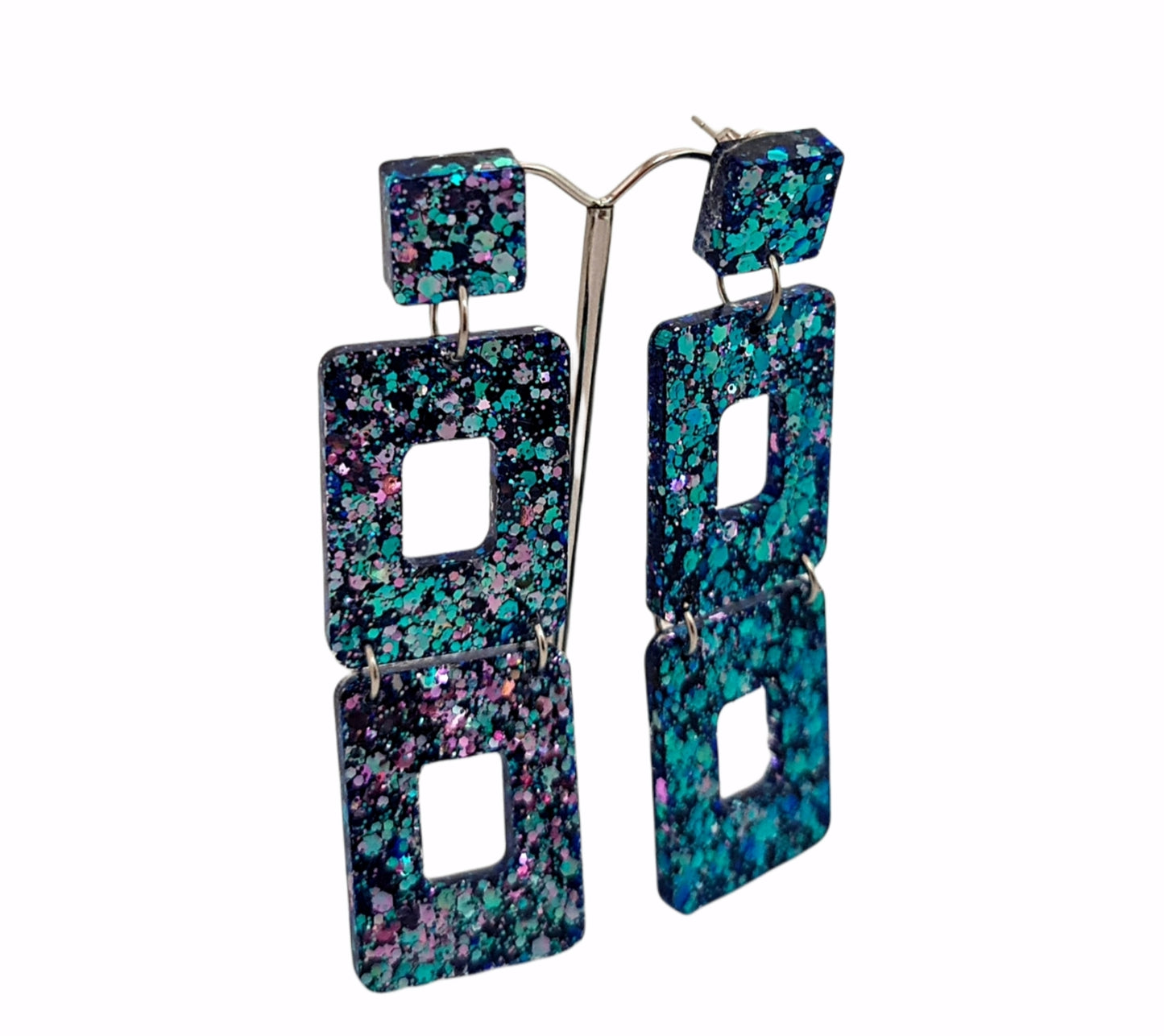 Long Square Earrings, Long Resin Dangles, Pink, Blue Chameleon Chunky Glitter Earrings, Changes colours from Pink to Blue as they move