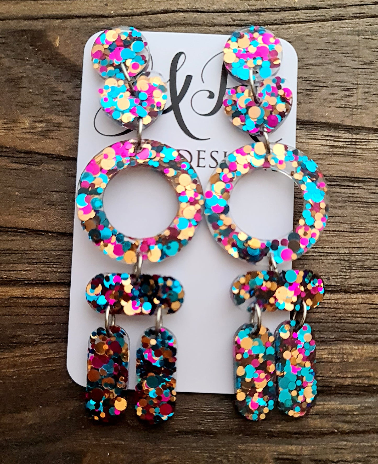 Long Circle Heart Tube Glitter Earrings, Dangle Statement Earrings 10cm long, Teal, Rose Gold, Hot Pink Mix Earrings
