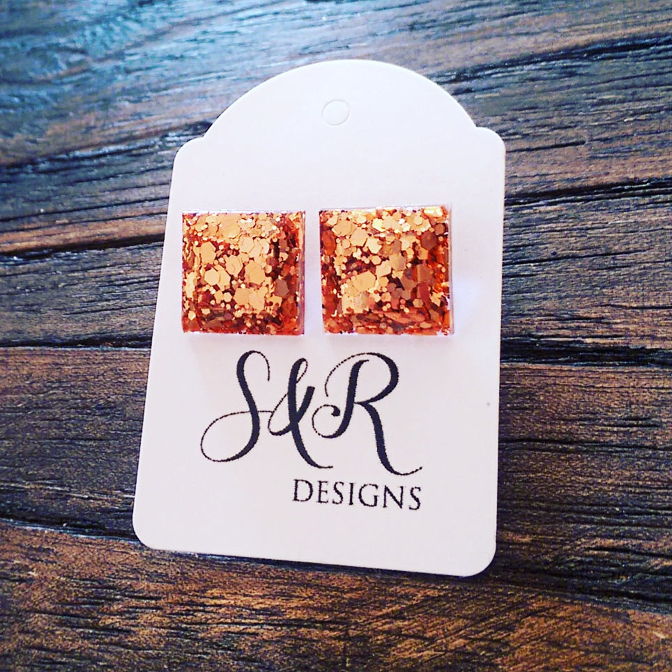Square Resin Stud Earrings, Rose Gold Copper Glitter Earrings, Stainless Steel - Silver and Resin Designs