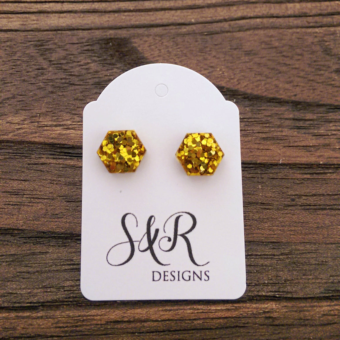Hexagon Resin Stud Earrings, Gold Glitter Earrings. Stainless Steel Stud Earrings. 10mm - Silver and Resin Designs
