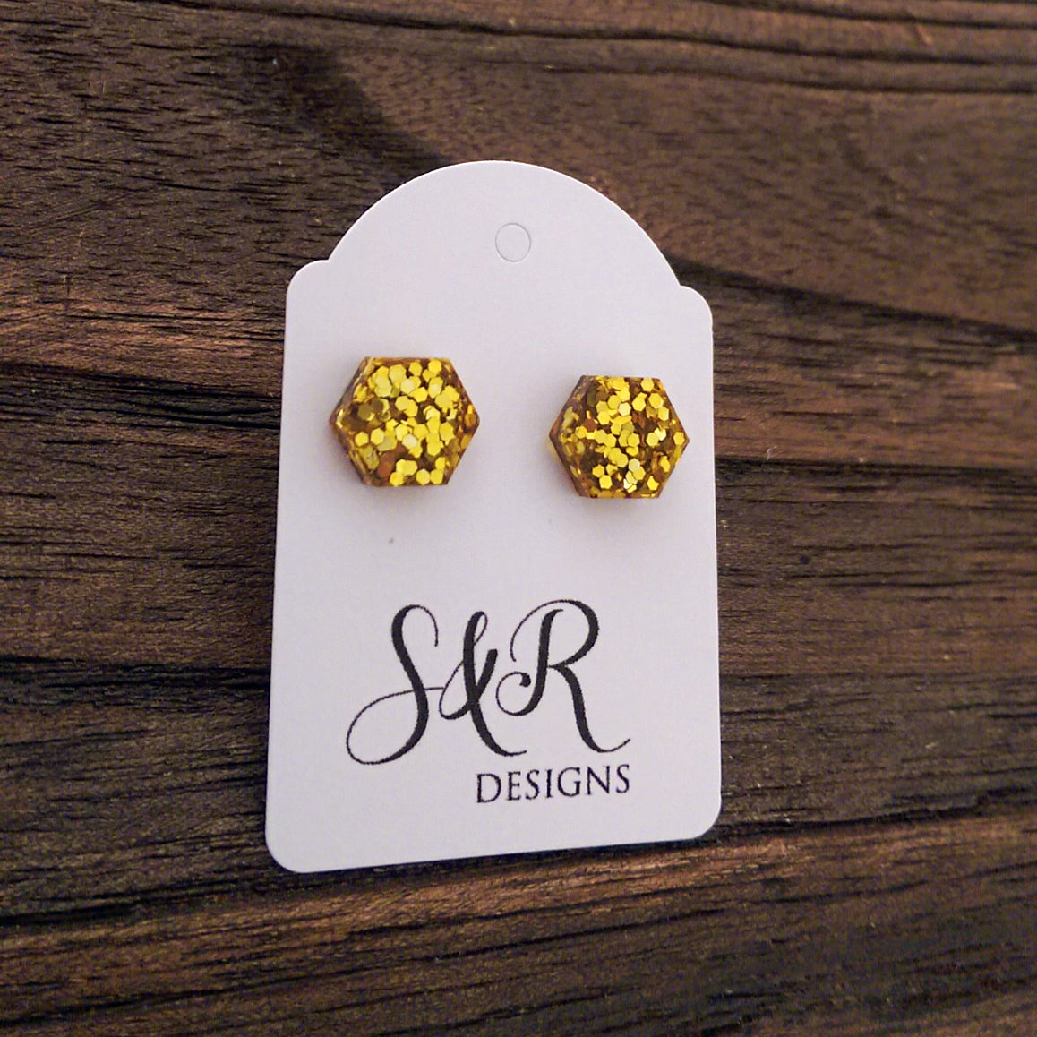 Hexagon Resin Stud Earrings, Gold Glitter Earrings. Stainless Steel Stud Earrings. 10mm - Silver and Resin Designs