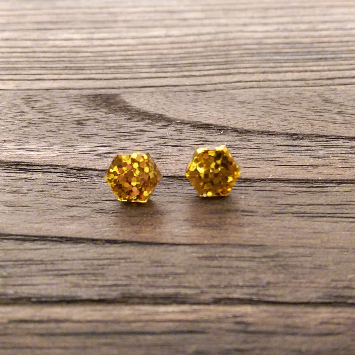 Hexagon Resin Stud Earrings, Gold Glitter Earrings. Stainless Steel Stud Earrings. 10mm - Silver and Resin Designs